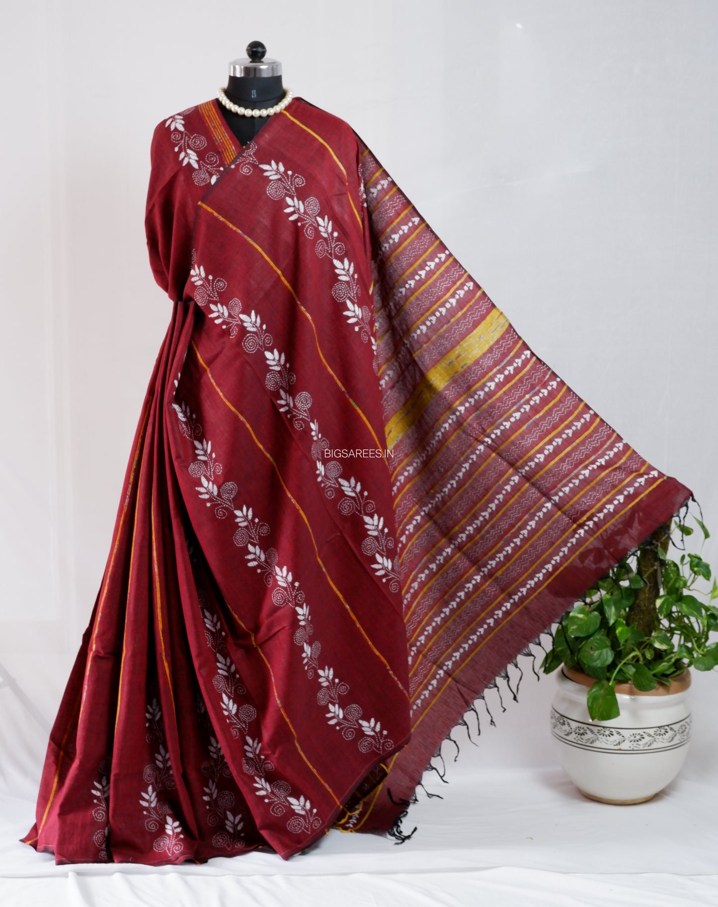 Kantha Stitch Hand-Embroidered Saree | Pure Khesh Cotton | Maroon
