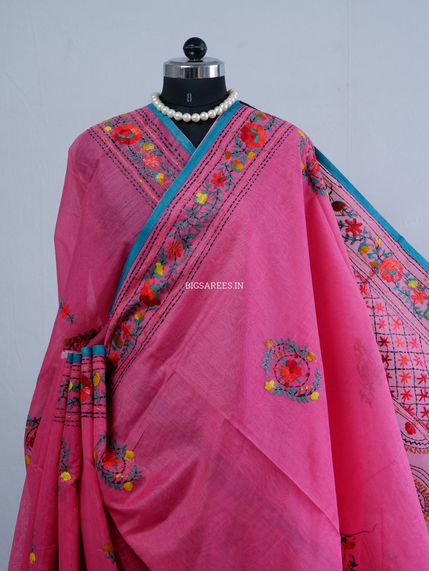 Phulkari Hand-Embroidered Saree | Chanderi Silk | Dark Pink