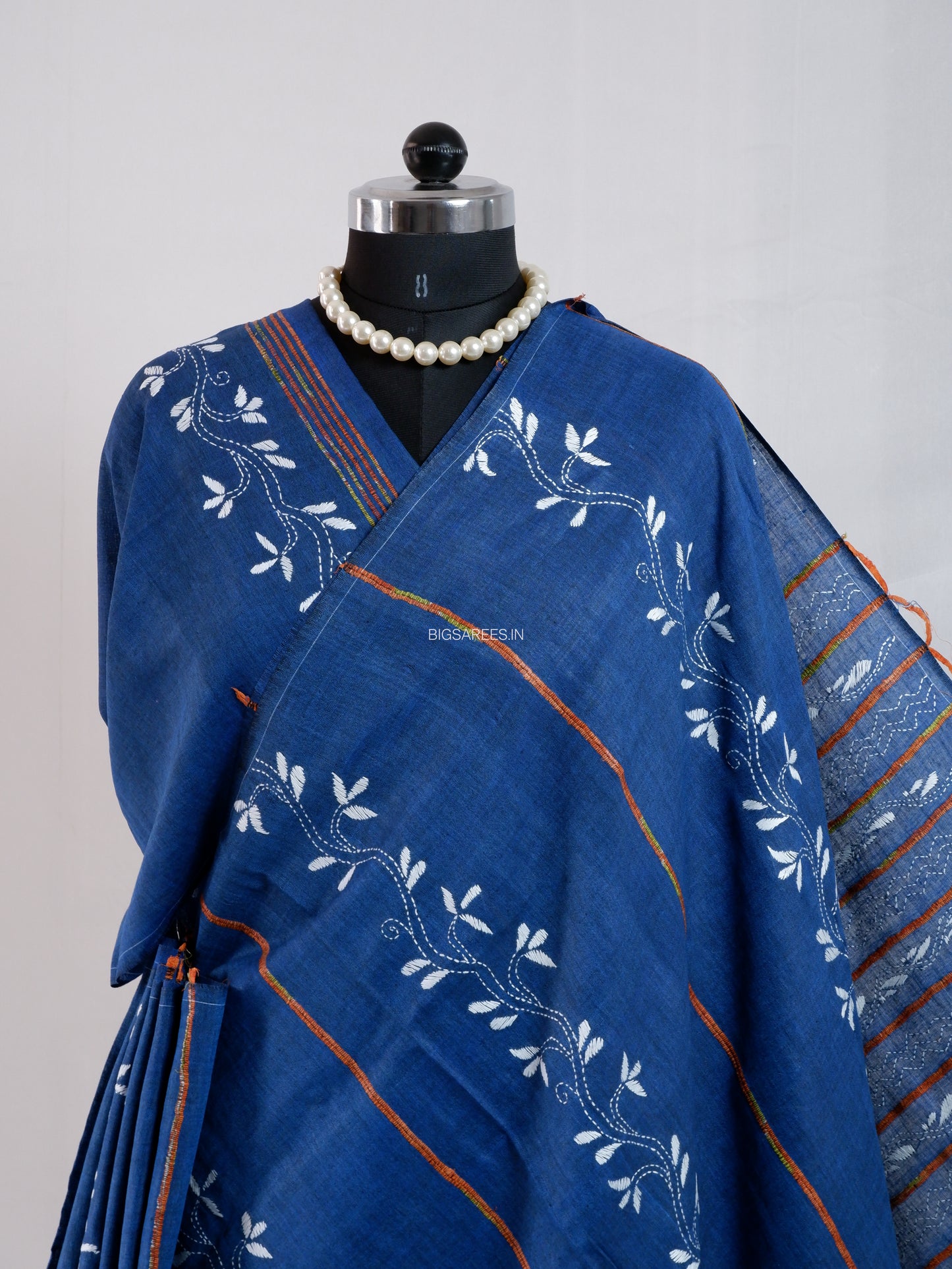 Kantha Stitch Hand-Embroidered Saree | Pure Khesh Cotton | Navy Blue
