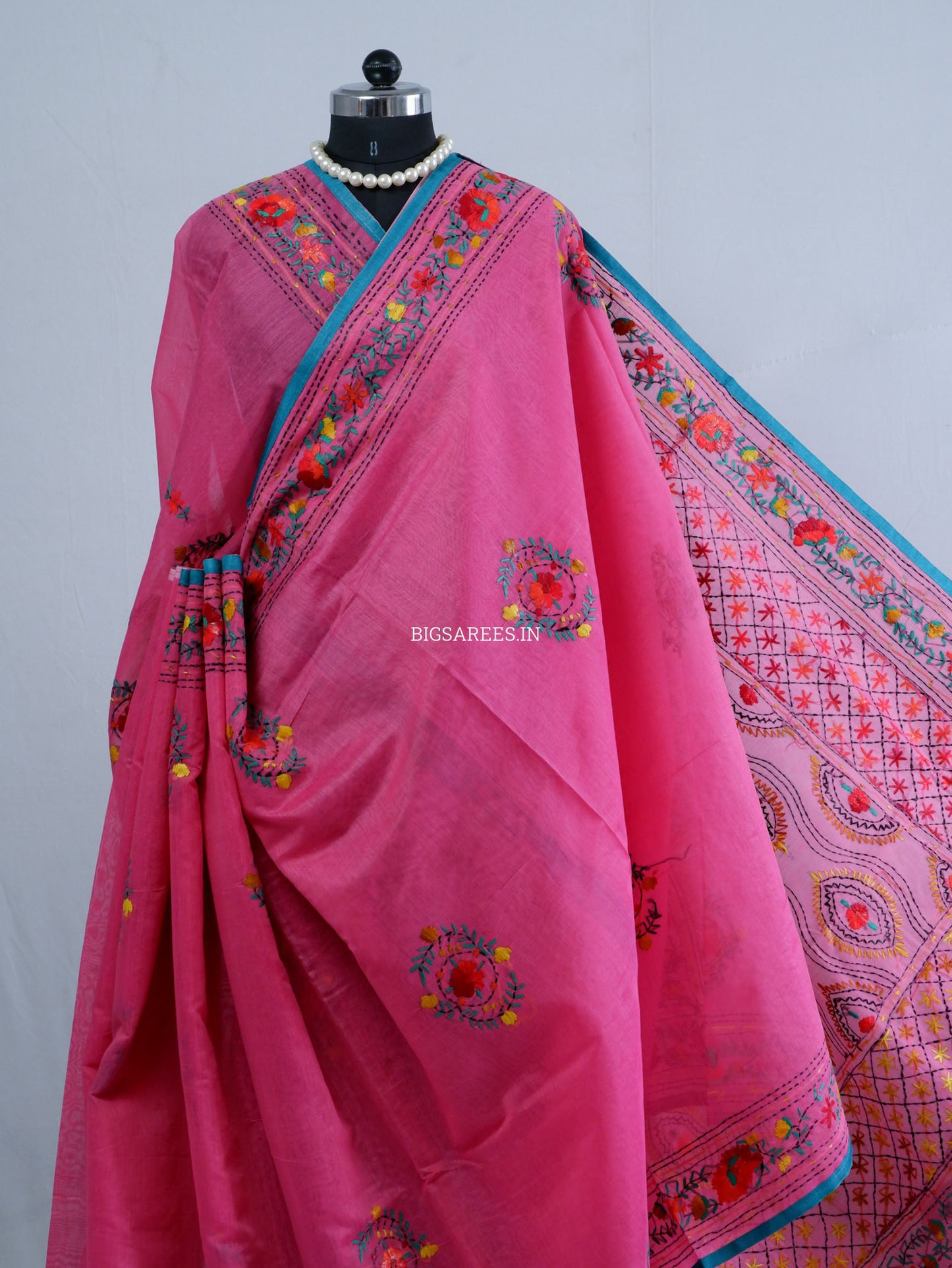 Phulkari Hand-Embroidered Saree | Chanderi Silk | Dark Pink