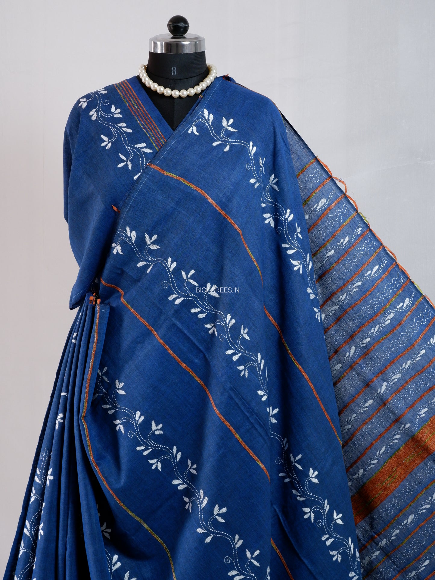 Kantha Stitch Hand-Embroidered Saree | Pure Khesh Cotton | Navy Blue