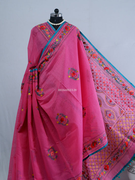 Phulkari Hand-Embroidered Saree | Chanderi Silk | Dark Pink