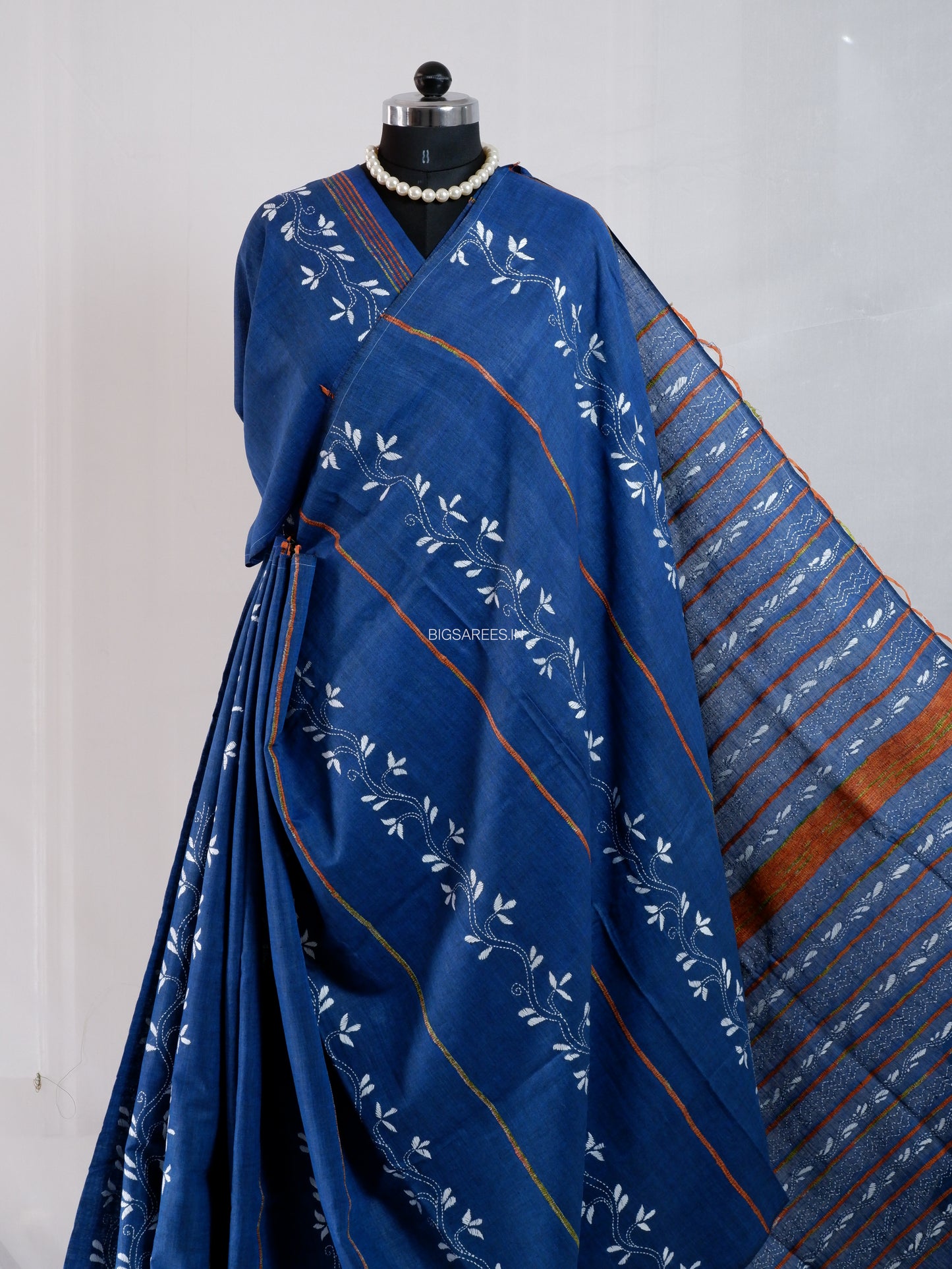 Kantha Stitch Hand-Embroidered Saree | Pure Khesh Cotton | Navy Blue