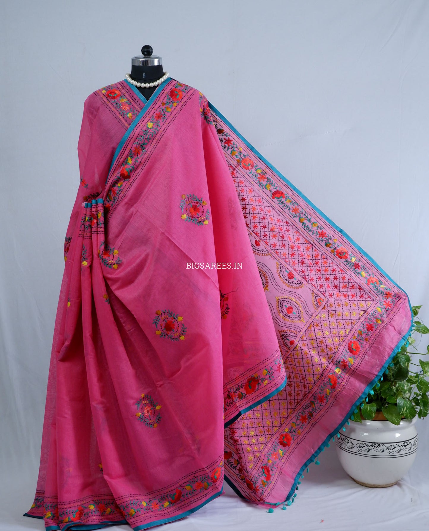 Phulkari Hand-Embroidered Saree | Chanderi Silk | Dark Pink