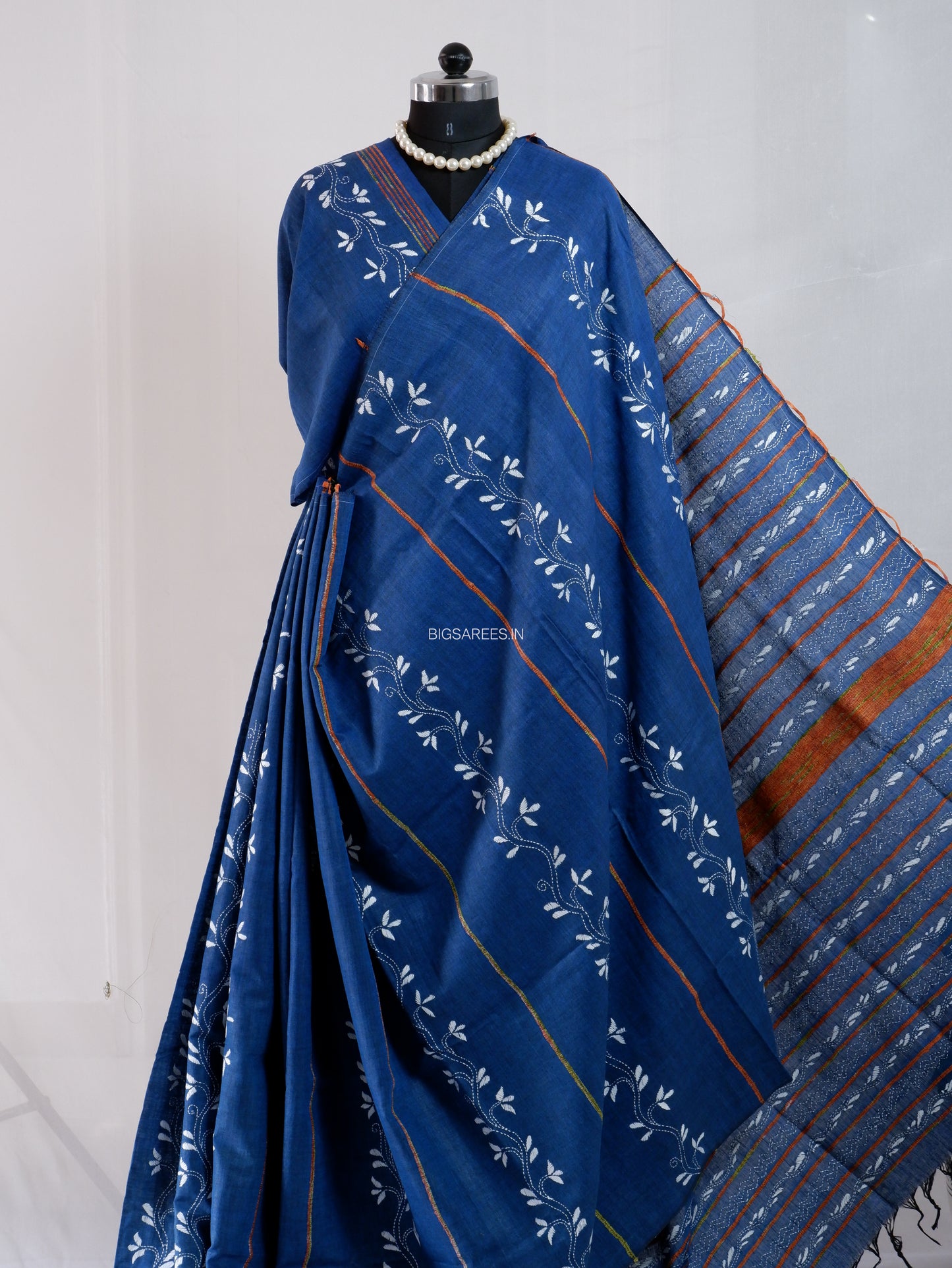 Kantha Stitch Hand-Embroidered Saree | Pure Khesh Cotton | Navy Blue