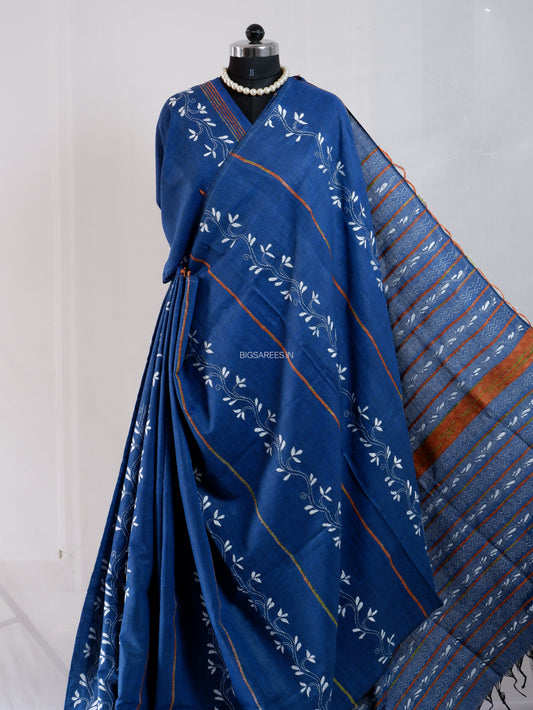 Kantha Stitch Hand-Embroidered Saree | Pure Khesh Cotton | Navy Blue