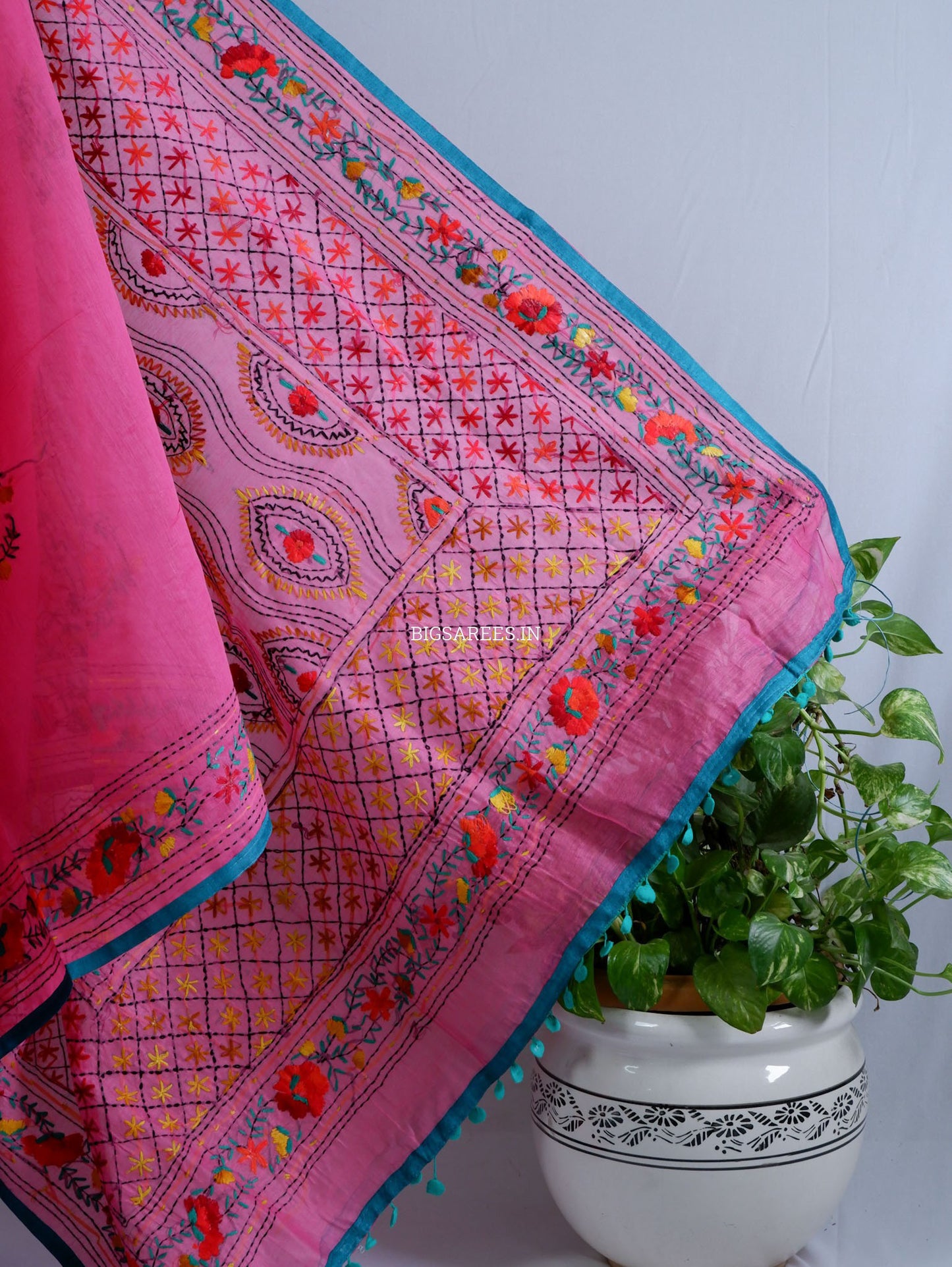 Phulkari Hand-Embroidered Saree | Chanderi Silk | Dark Pink