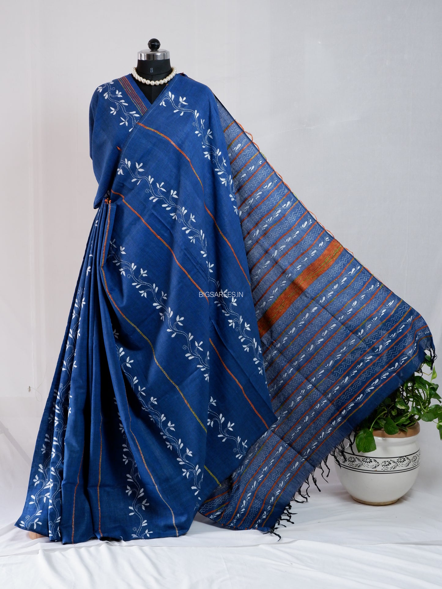 Kantha Stitch Hand-Embroidered Saree | Pure Khesh Cotton | Navy Blue