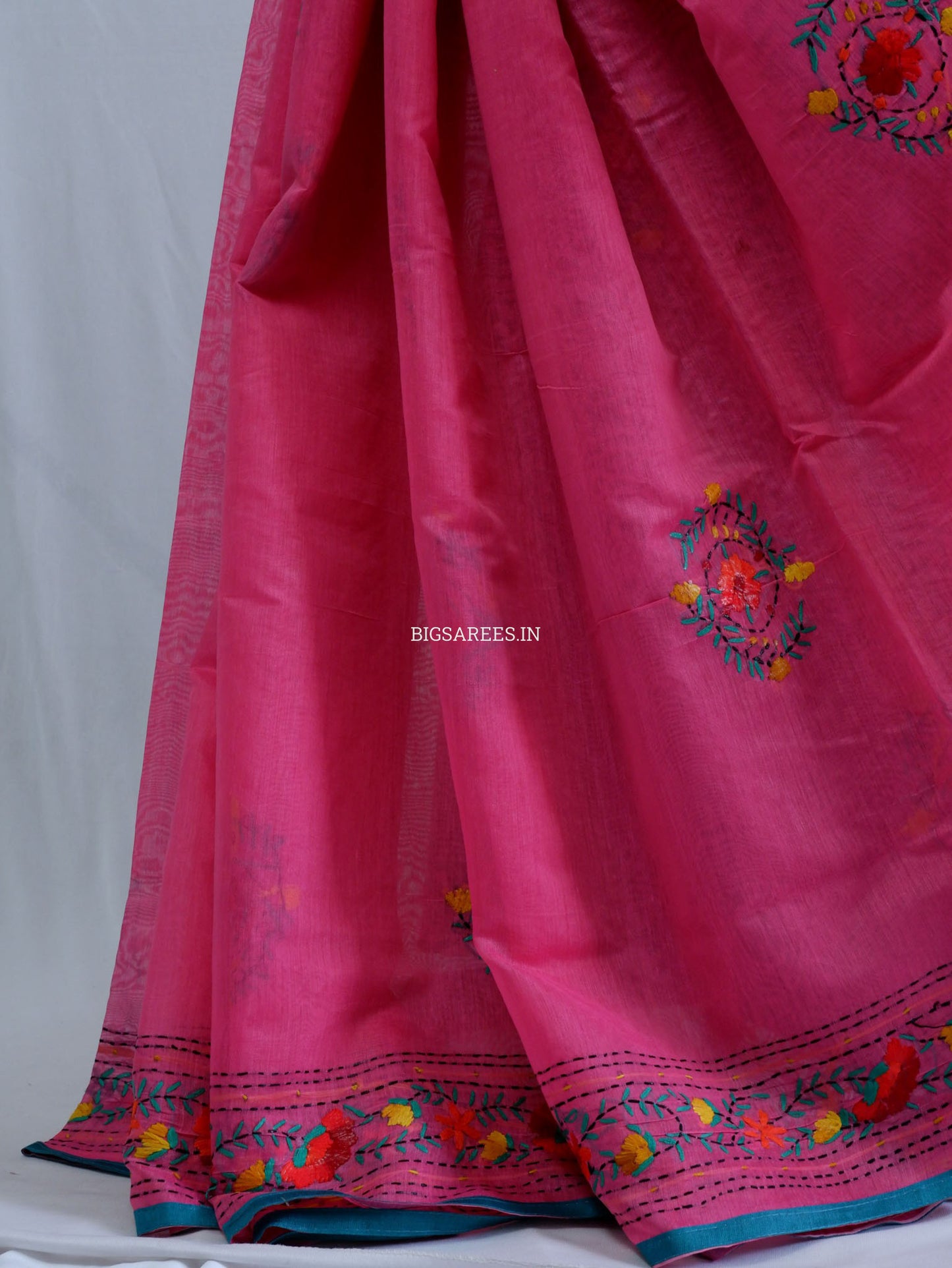 Phulkari Hand-Embroidered Saree | Chanderi Silk | Dark Pink