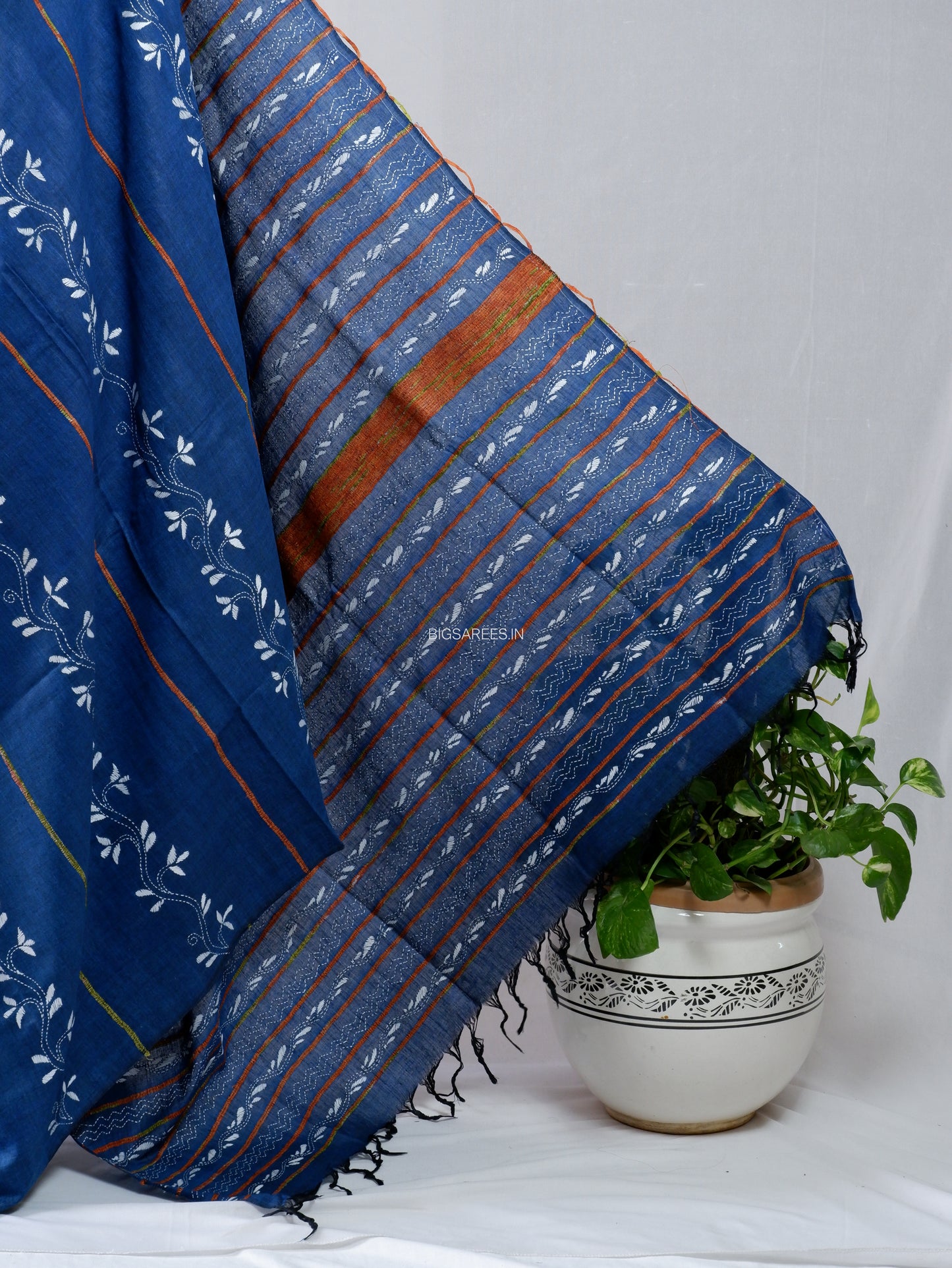 Kantha Stitch Hand-Embroidered Saree | Pure Khesh Cotton | Navy Blue