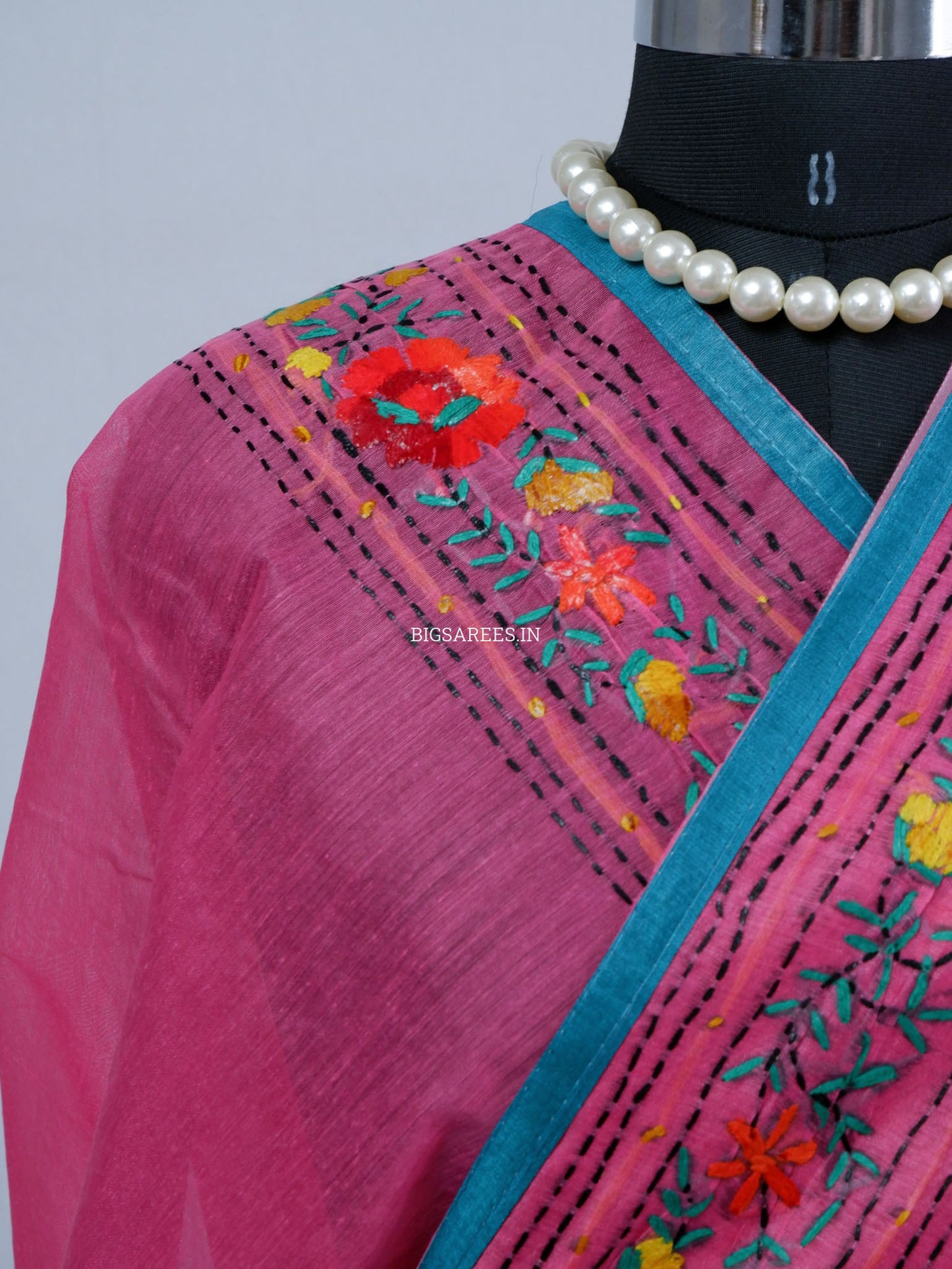 Phulkari Hand-Embroidered Saree | Chanderi Silk | Dark Pink