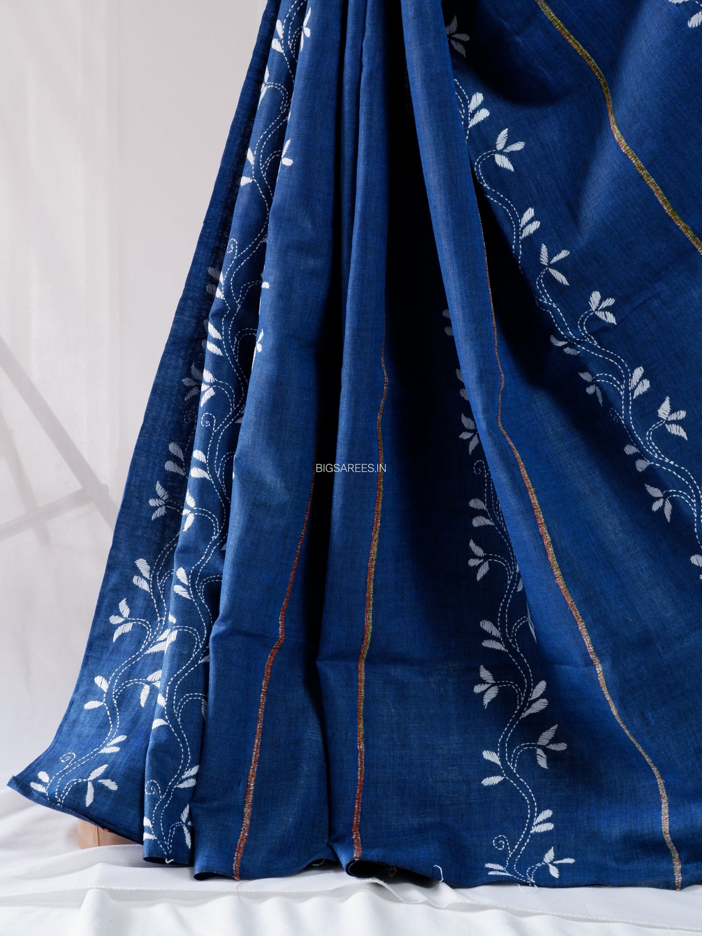 Kantha Stitch Hand-Embroidered Saree | Pure Khesh Cotton | Navy Blue
