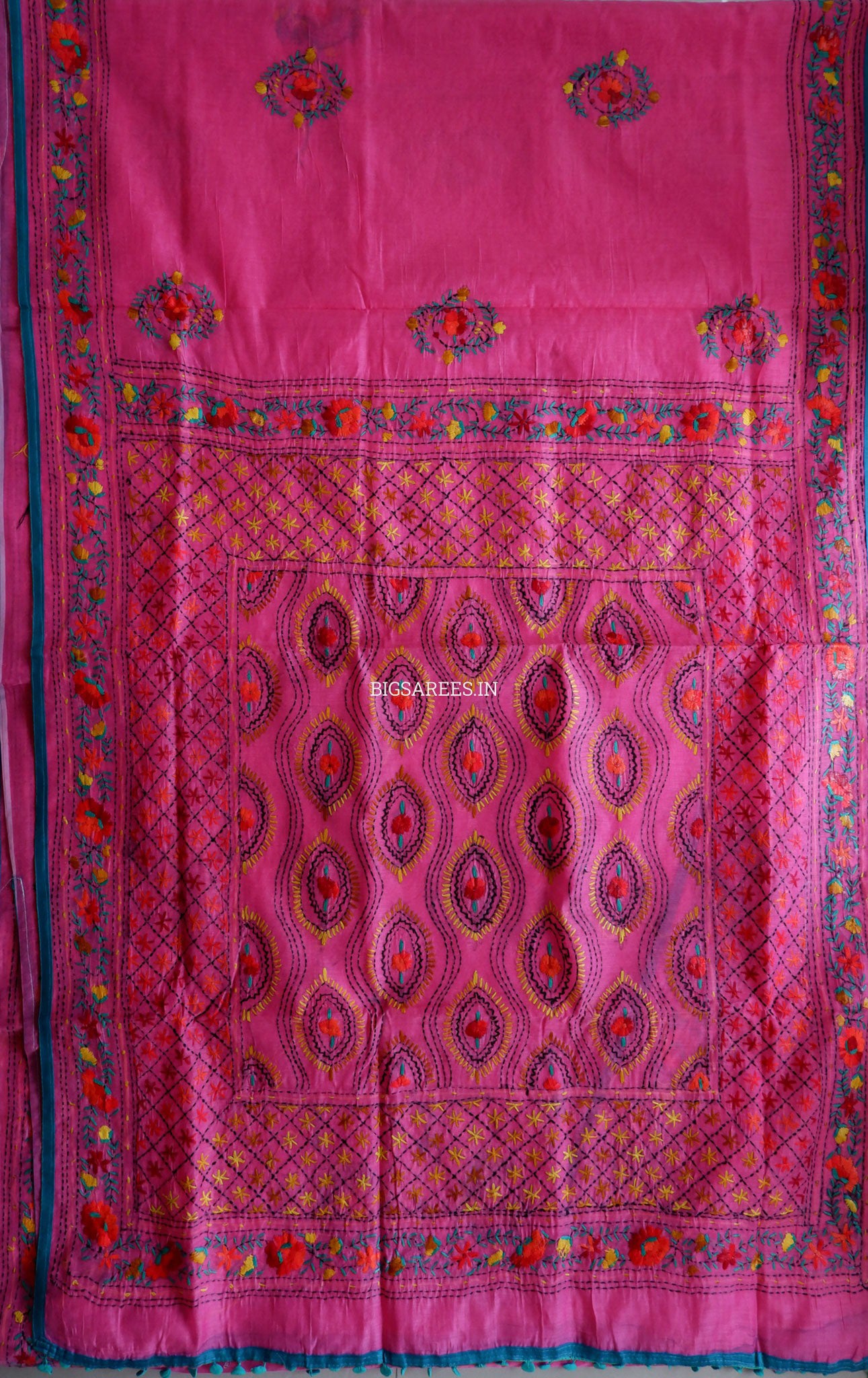 Phulkari Hand-Embroidered Saree | Chanderi Silk | Dark Pink
