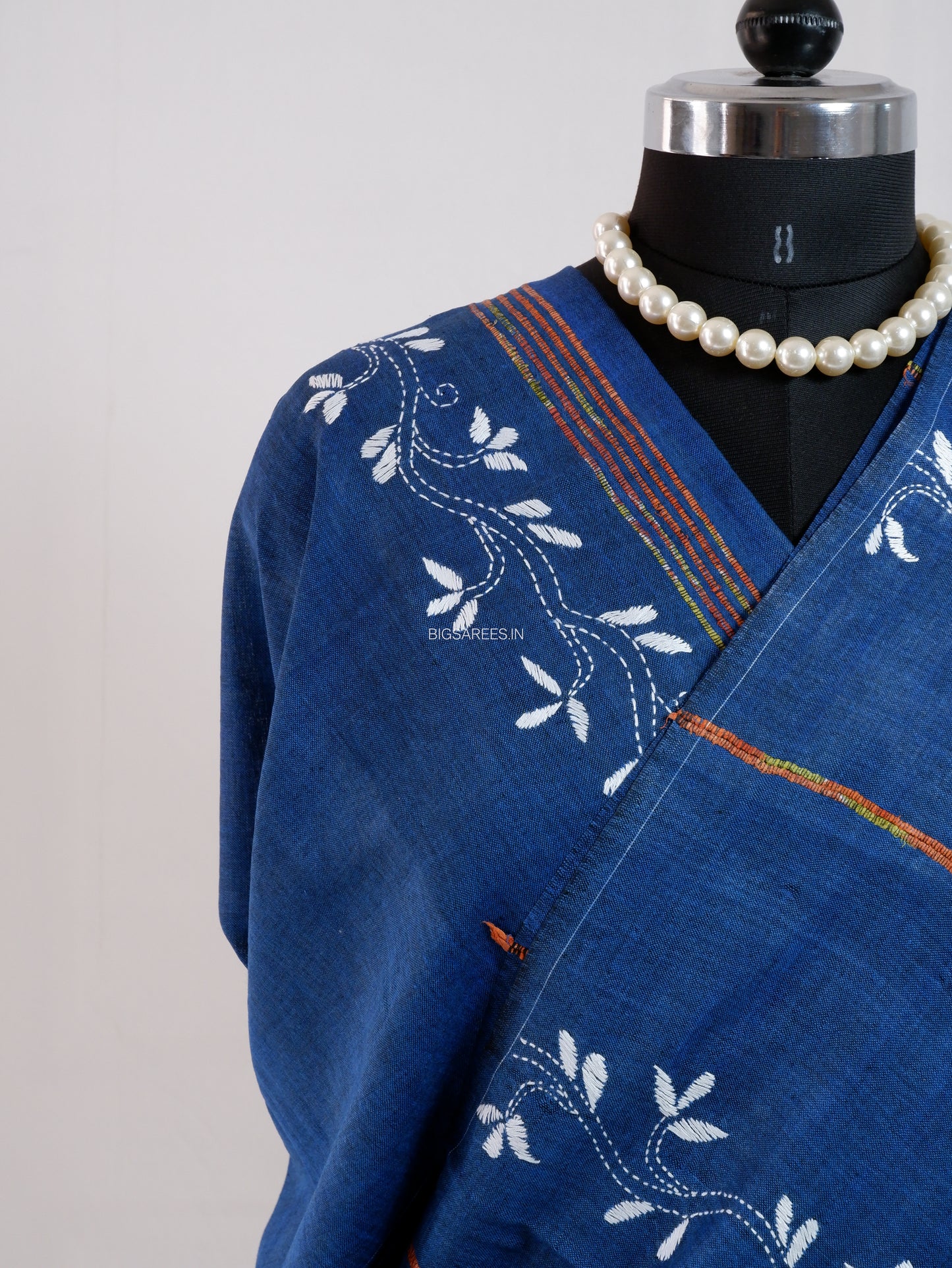 Kantha Stitch Hand-Embroidered Saree | Pure Khesh Cotton | Navy Blue