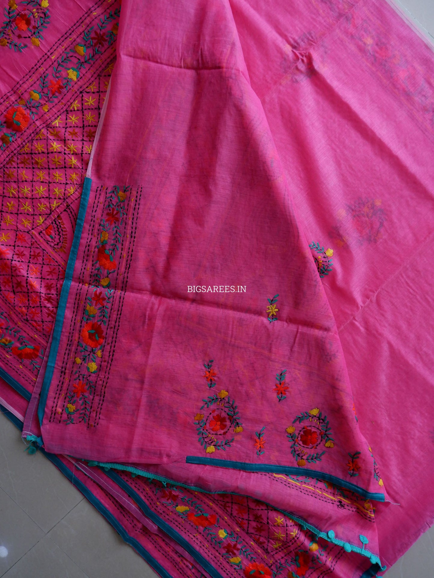 Phulkari Hand-Embroidered Saree | Chanderi Silk | Dark Pink