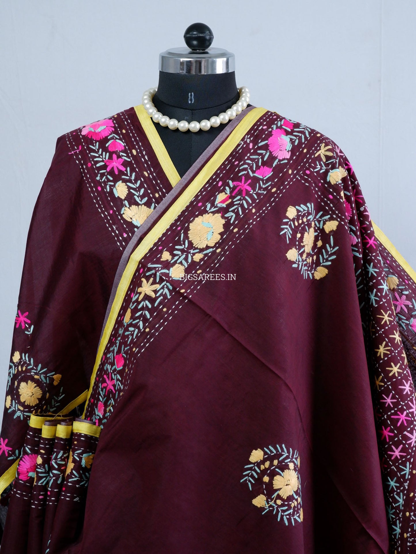 Phulkari Hand-Embroidered Saree | Chanderi Silk | Deep Maroon