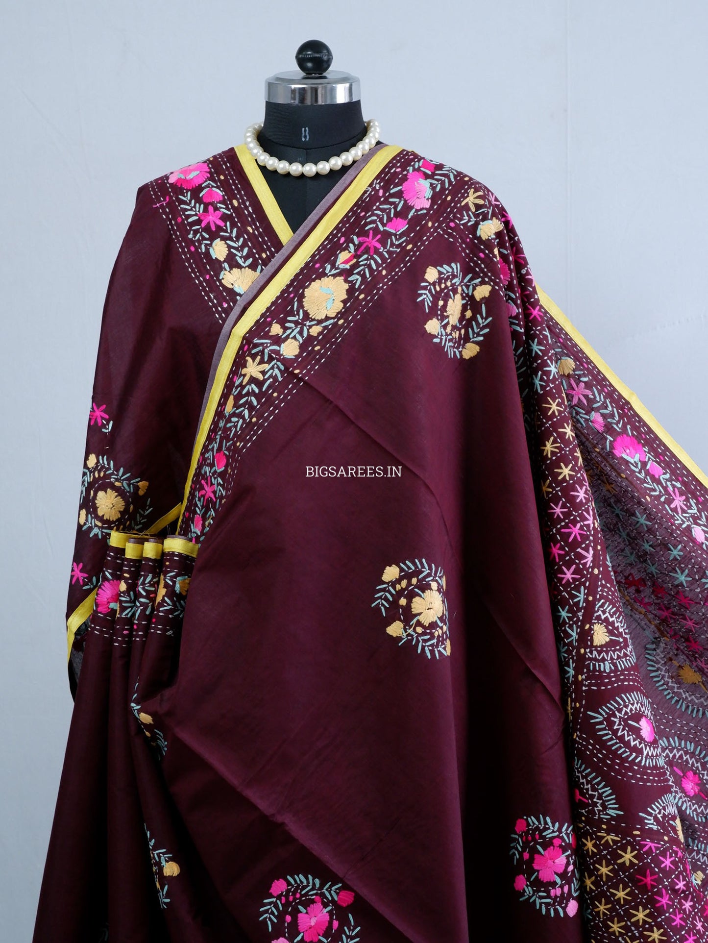 Phulkari Hand-Embroidered Saree | Chanderi Silk | Deep Maroon