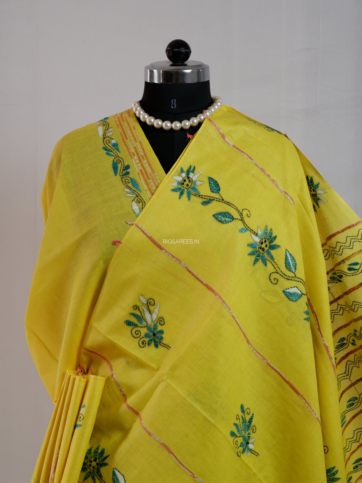 Kantha Stitch Hand-Embroidered Saree | Pure Khesh Cotton | Bright Yellow