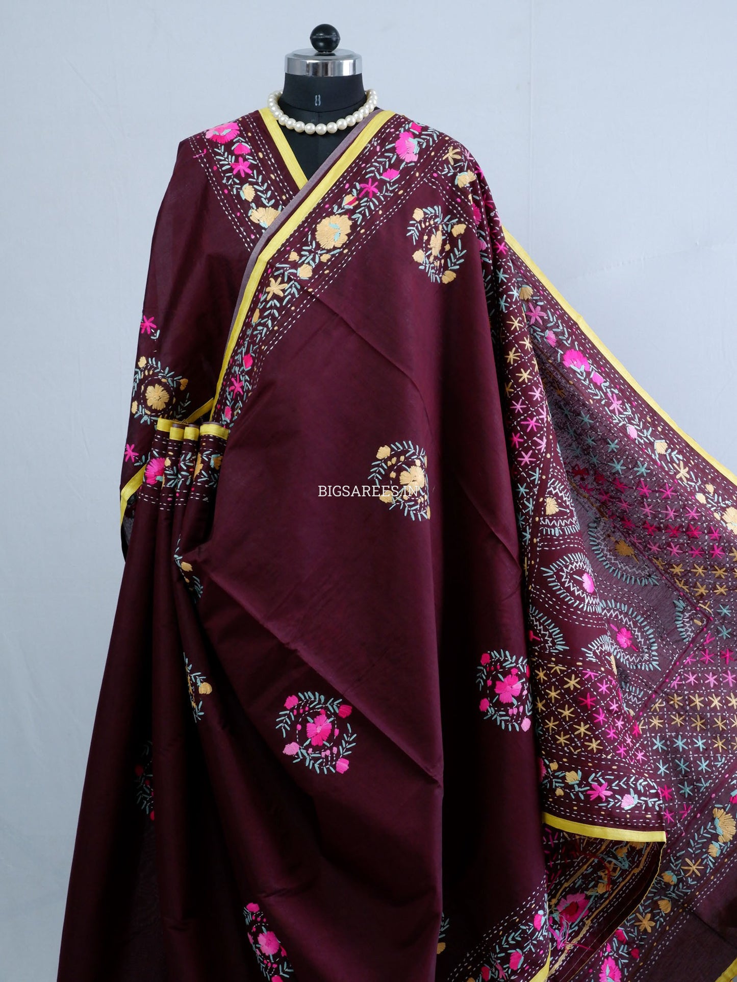 Phulkari Hand-Embroidered Saree | Chanderi Silk | Deep Maroon