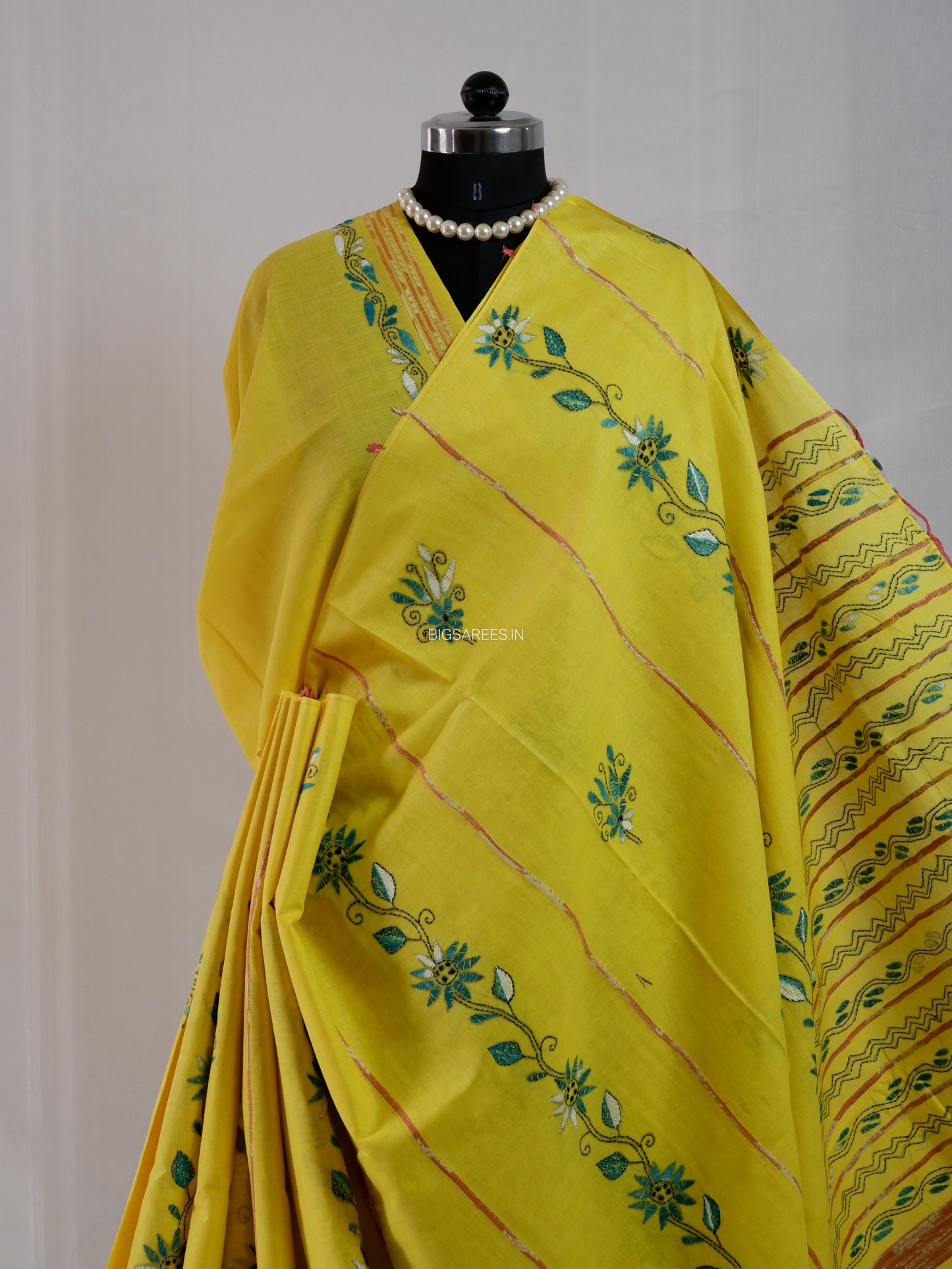 Kantha Stitch Hand-Embroidered Saree | Pure Khesh Cotton | Bright Yellow