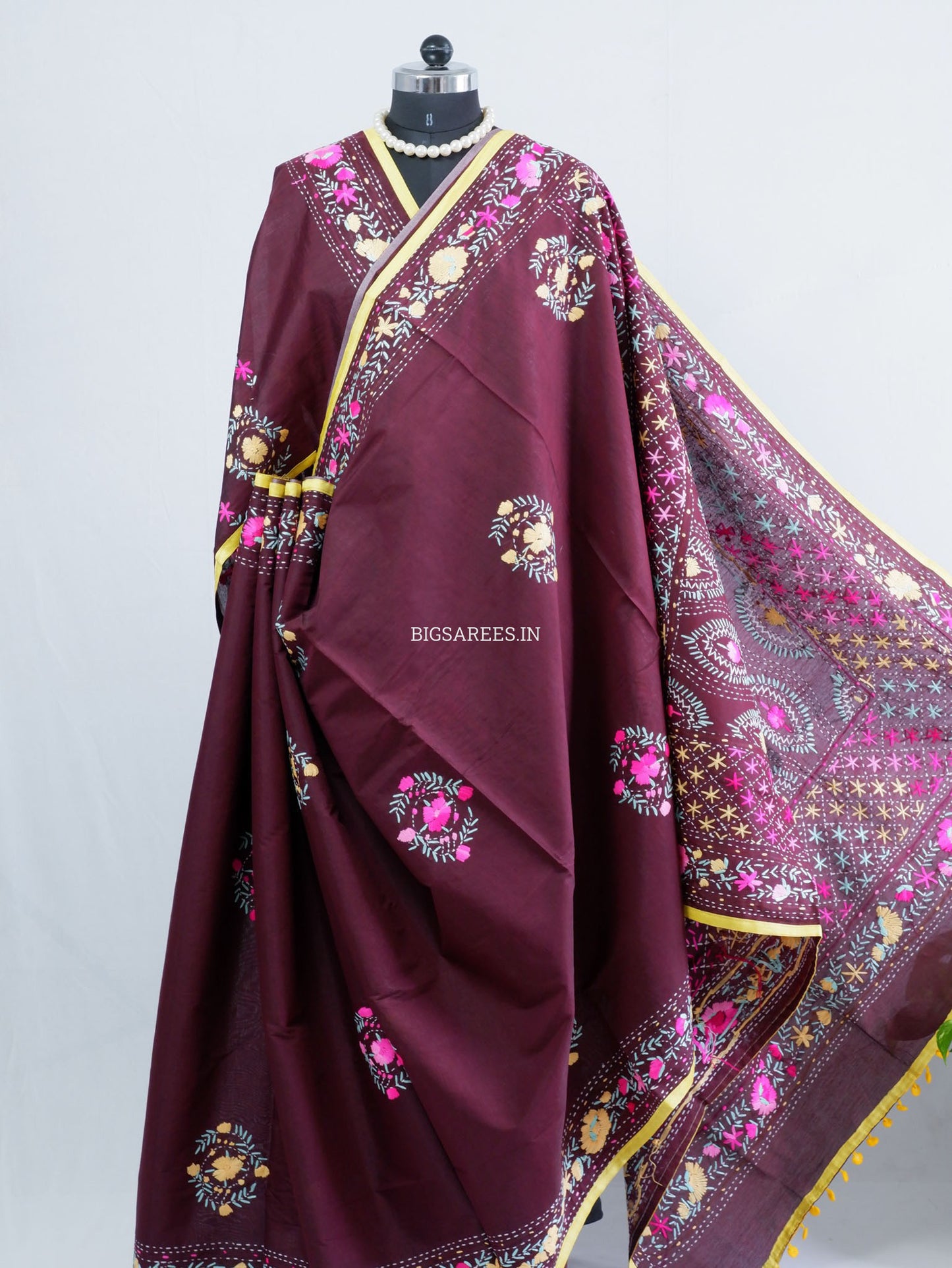 Phulkari Hand-Embroidered Saree | Chanderi Silk | Deep Maroon
