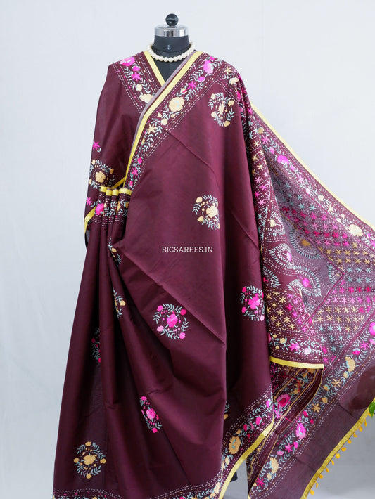 Phulkari Hand-Embroidered Saree | Chanderi Silk | Deep Maroon