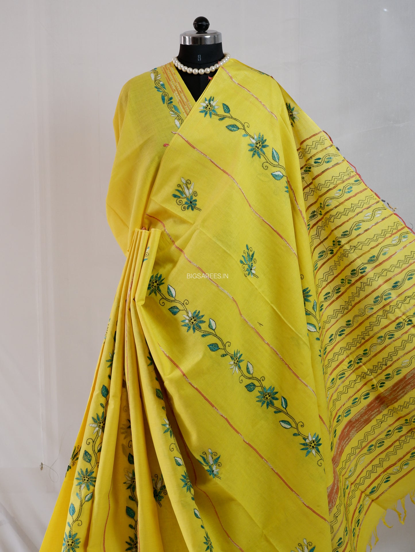 Kantha Stitch Hand-Embroidered Saree | Pure Khesh Cotton | Bright Yellow