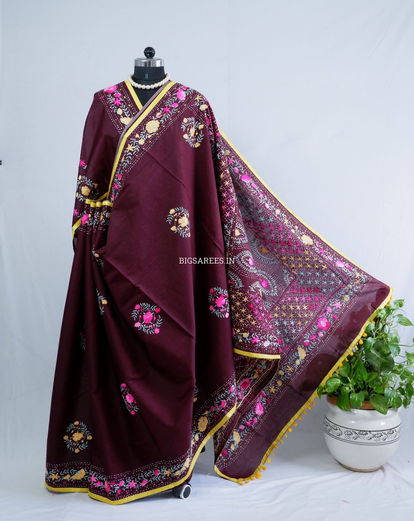 Phulkari Hand-Embroidered Saree | Chanderi Silk | Deep Maroon