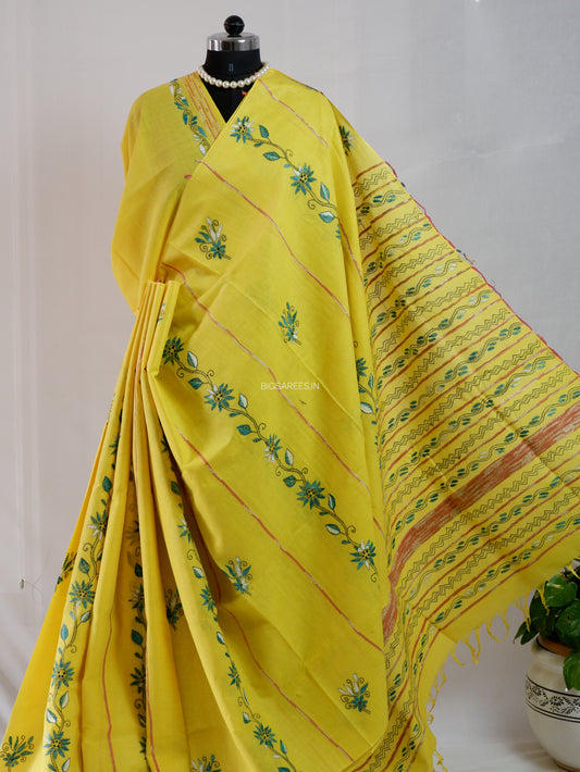 Kantha Stitch Hand-Embroidered Saree | Pure Khesh Cotton | Bright Yellow