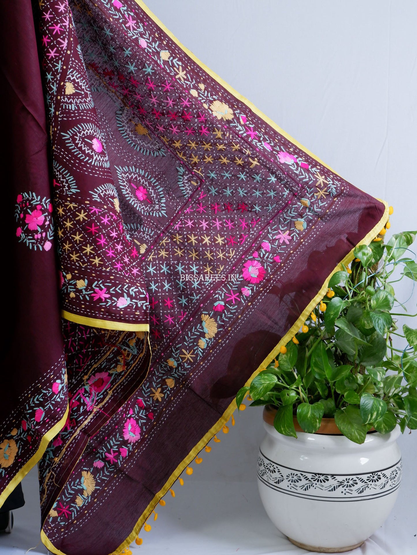 Phulkari Hand-Embroidered Saree | Chanderi Silk | Deep Maroon