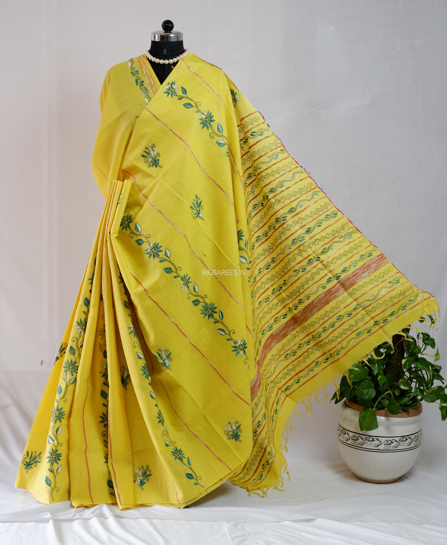 Kantha Stitch Hand-Embroidered Saree | Pure Khesh Cotton | Bright Yellow