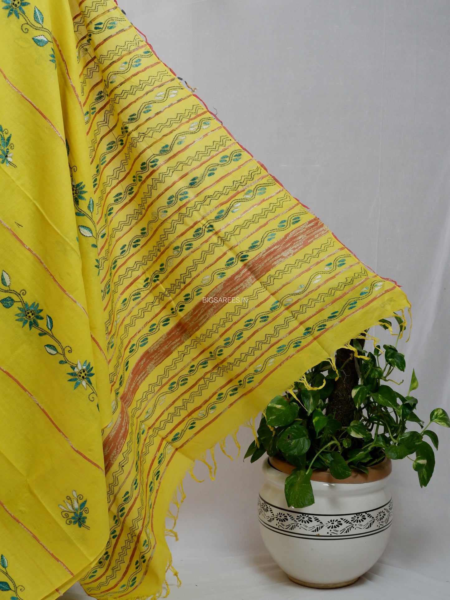 Kantha Stitch Hand-Embroidered Saree | Pure Khesh Cotton | Bright Yellow