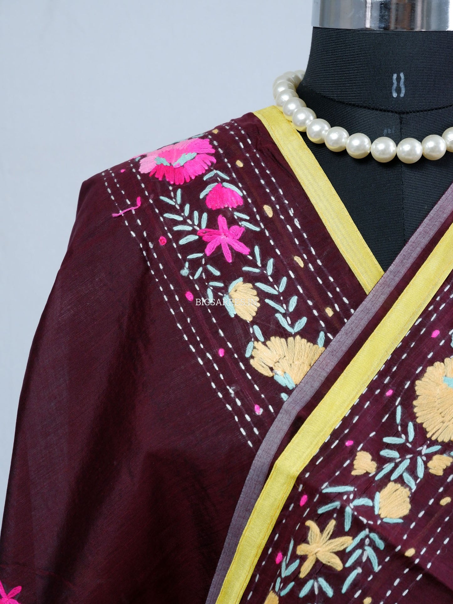 Phulkari Hand-Embroidered Saree | Chanderi Silk | Deep Maroon