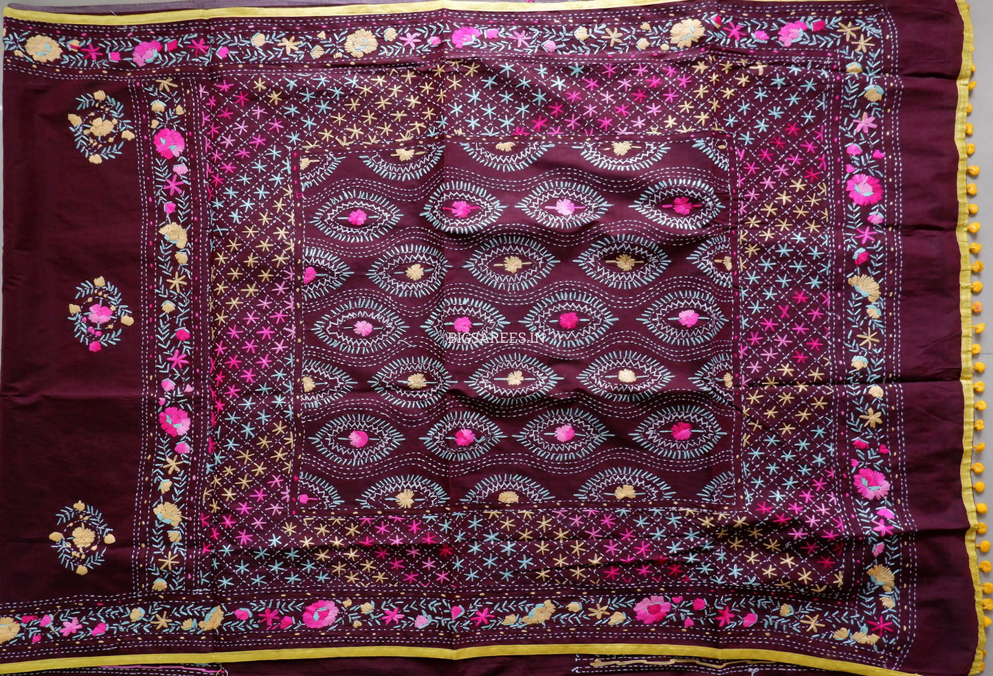 Phulkari Hand-Embroidered Saree | Chanderi Silk | Deep Maroon