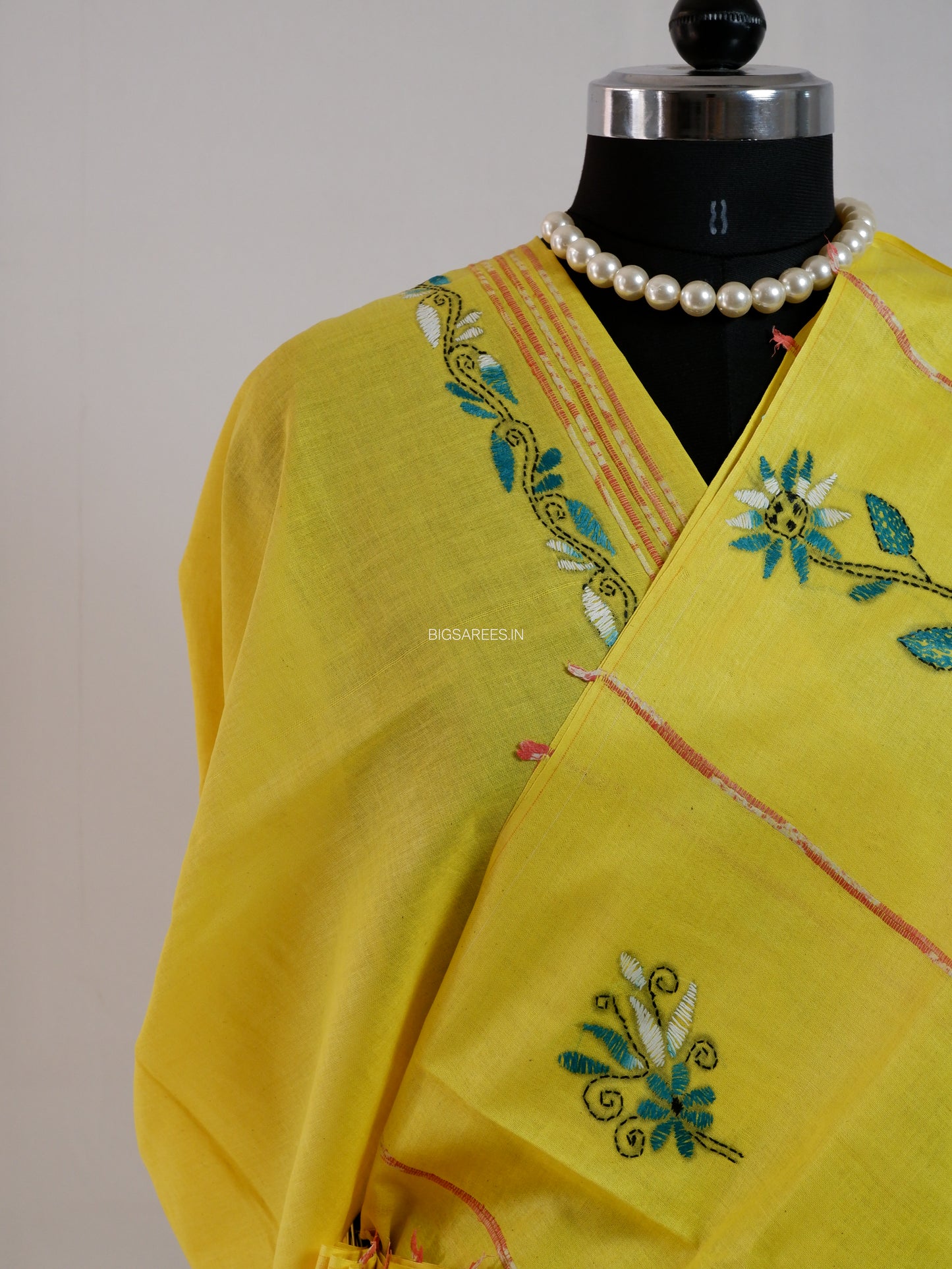 Kantha Stitch Hand-Embroidered Saree | Pure Khesh Cotton | Bright Yellow