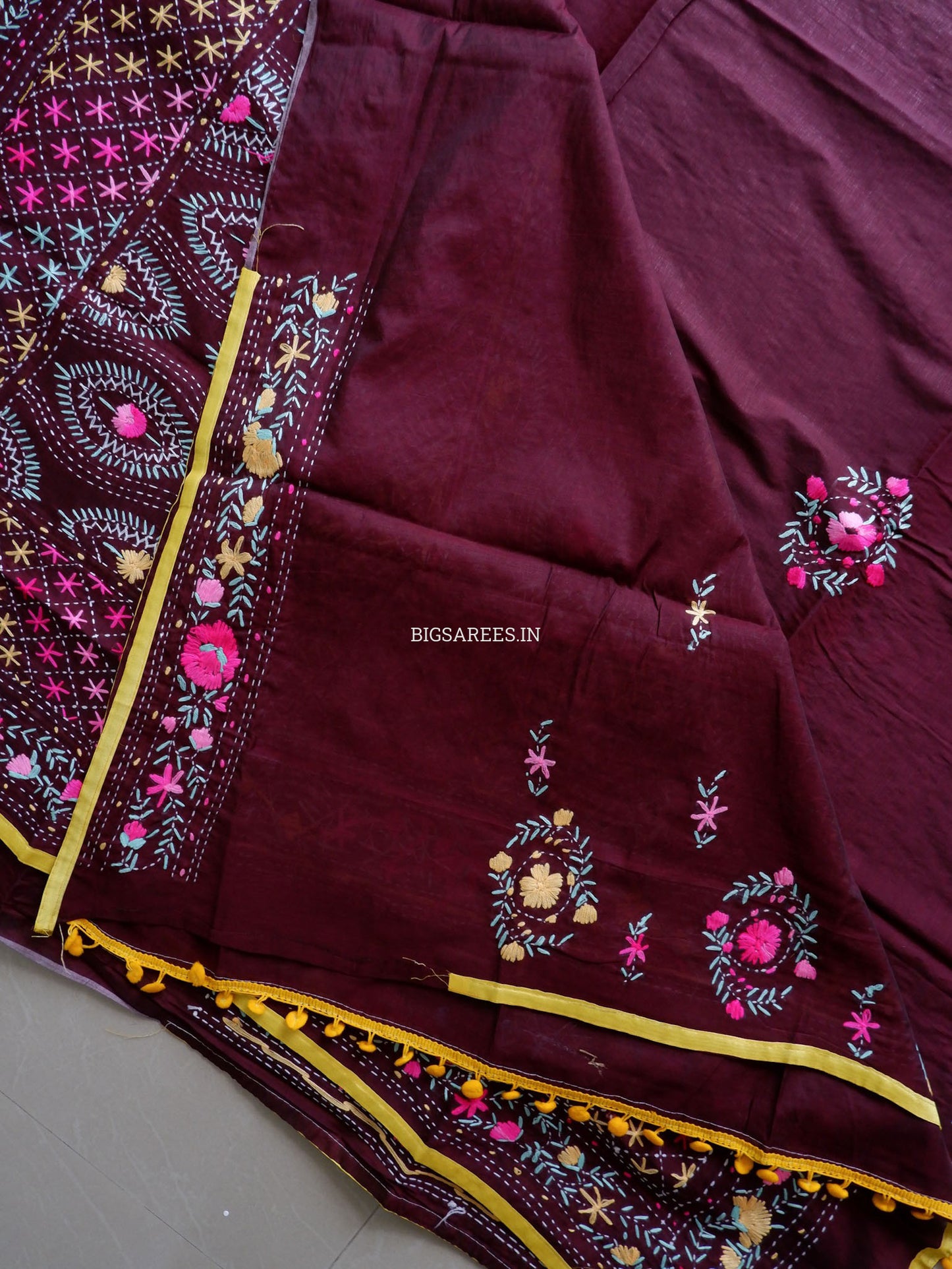 Phulkari Hand-Embroidered Saree | Chanderi Silk | Deep Maroon