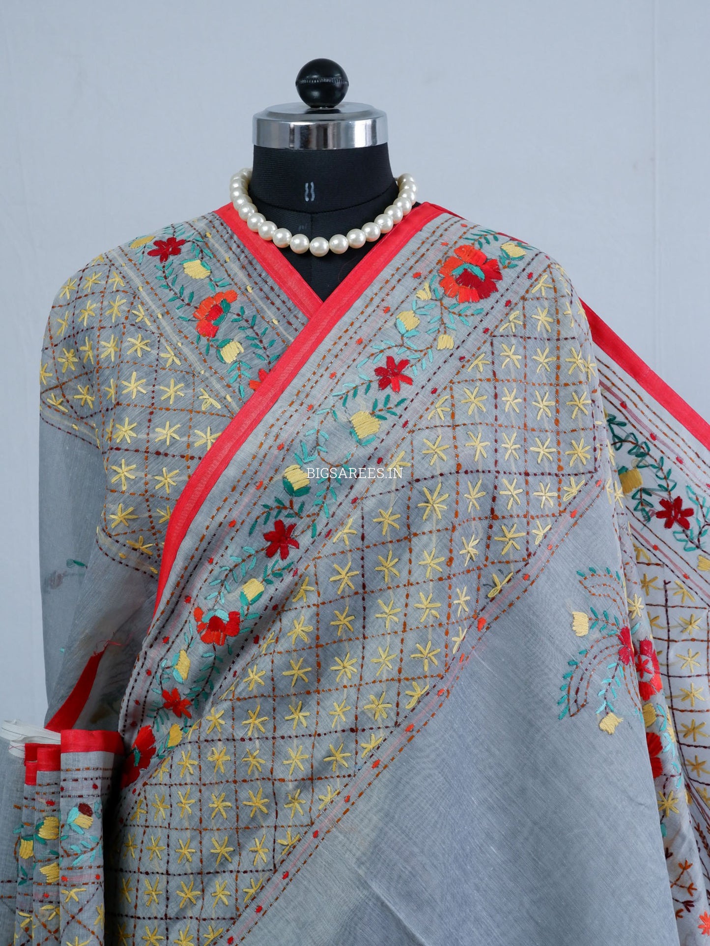 Phulkari Hand-Embroidered Saree | Chanderi Silk | Grey