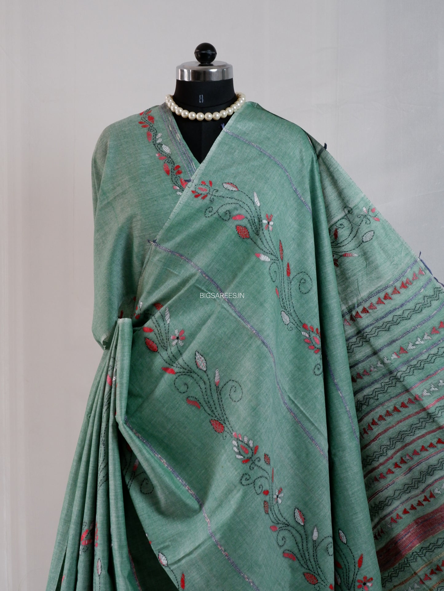 Kantha Stitch Hand-Embroidered Saree | Pure Khesh Cotton | Greyish Teal