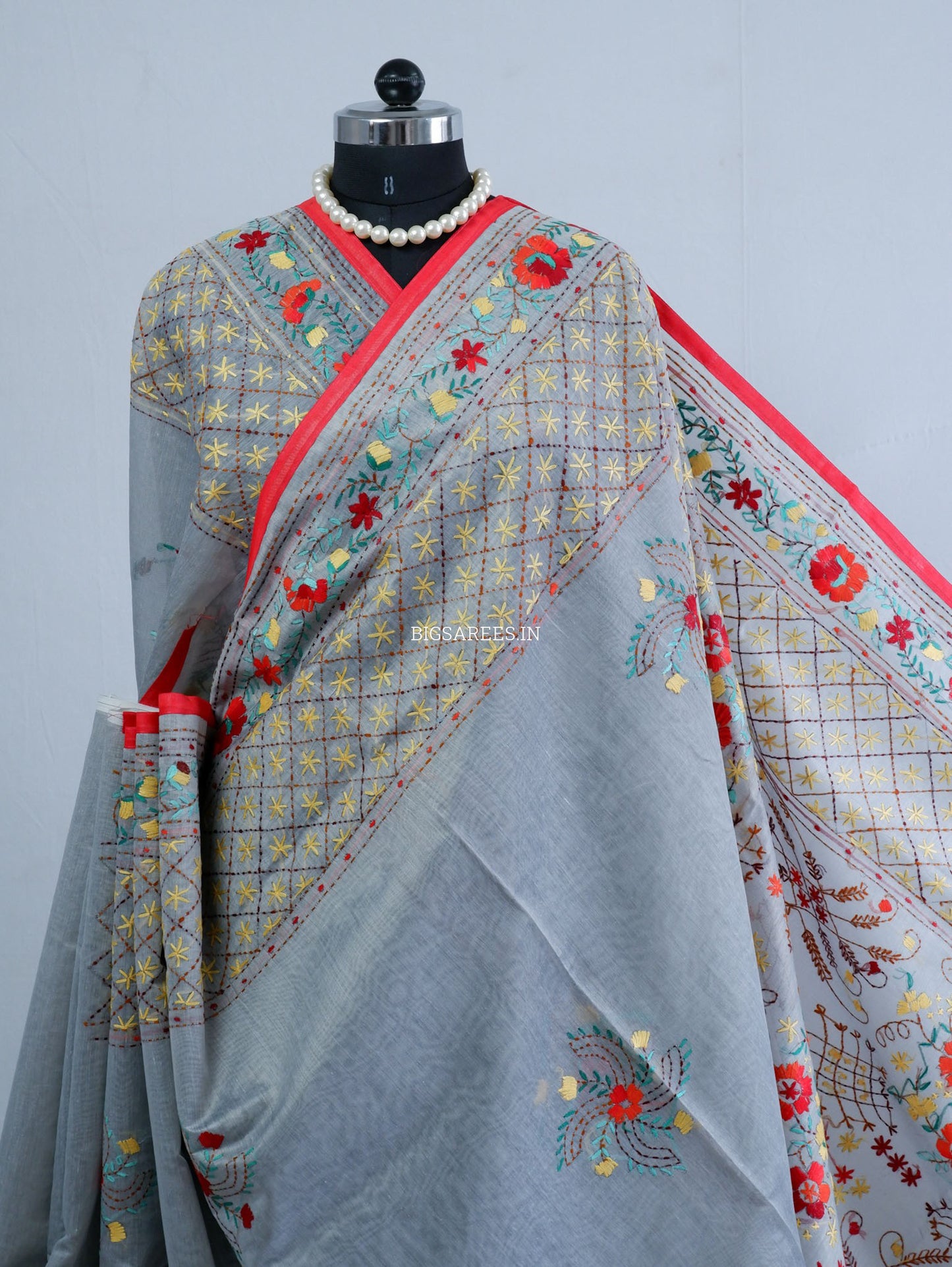 Phulkari Hand-Embroidered Saree | Chanderi Silk | Grey