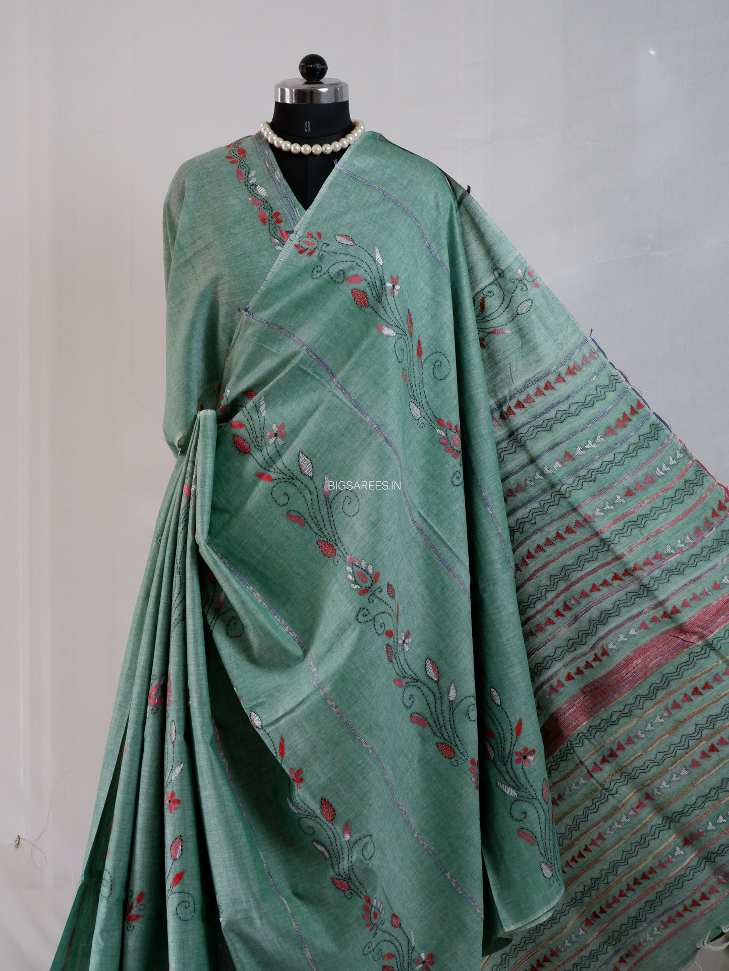 Kantha Stitch Hand-Embroidered Saree | Pure Khesh Cotton | Greyish Teal