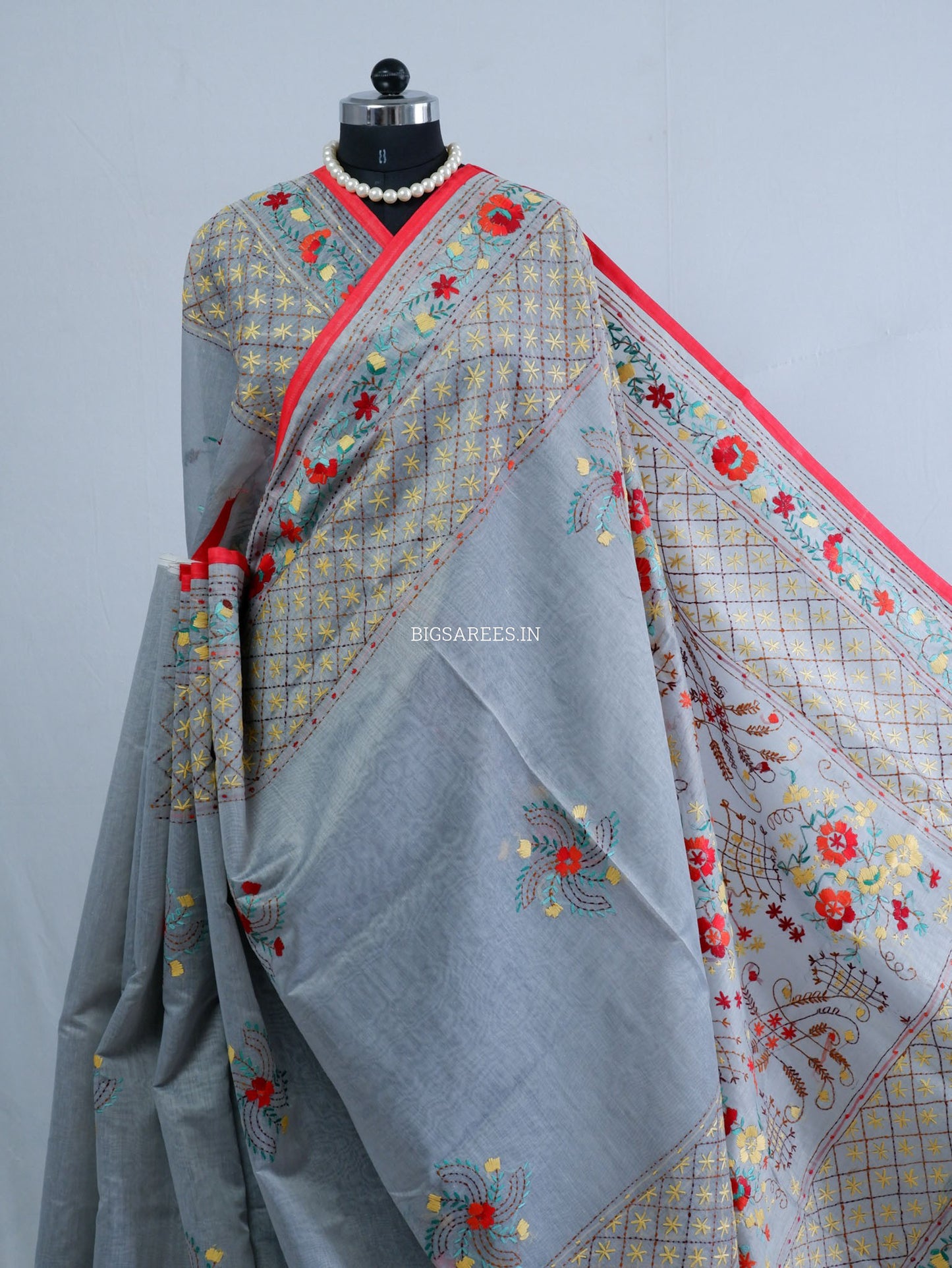 Phulkari Hand-Embroidered Saree | Chanderi Silk | Grey