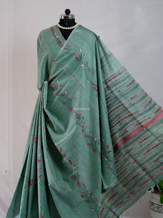 Kantha Stitch Hand-Embroidered Saree | Pure Khesh Cotton | Greyish Teal