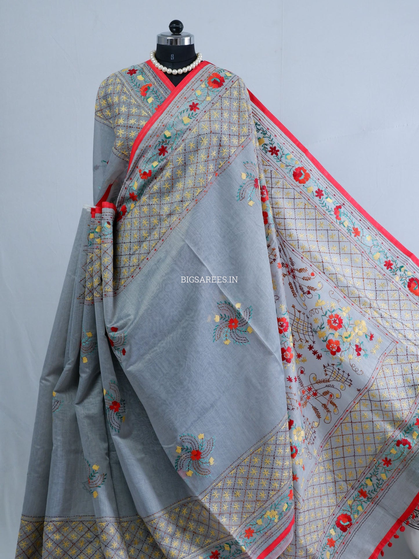 Phulkari Hand-Embroidered Saree | Chanderi Silk | Grey