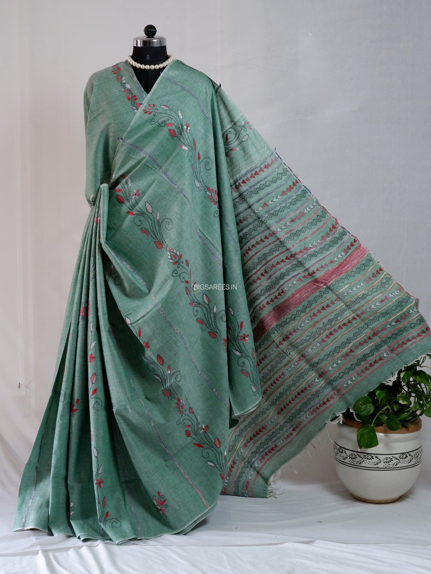 Kantha Stitch Hand-Embroidered Saree | Pure Khesh Cotton | Greyish Teal