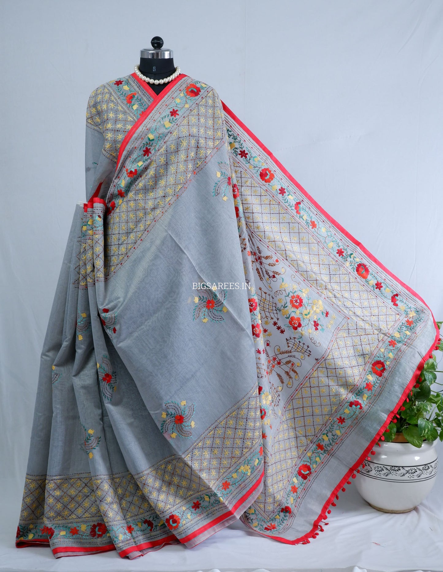 Phulkari Hand-Embroidered Saree | Chanderi Silk | Grey