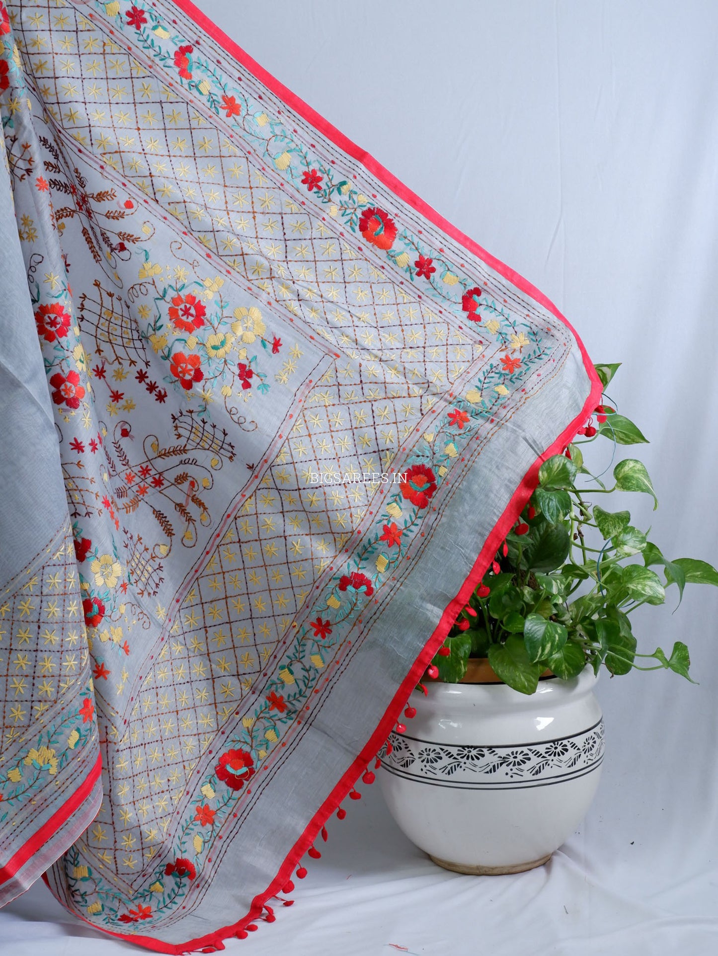Phulkari Hand-Embroidered Saree | Chanderi Silk | Grey