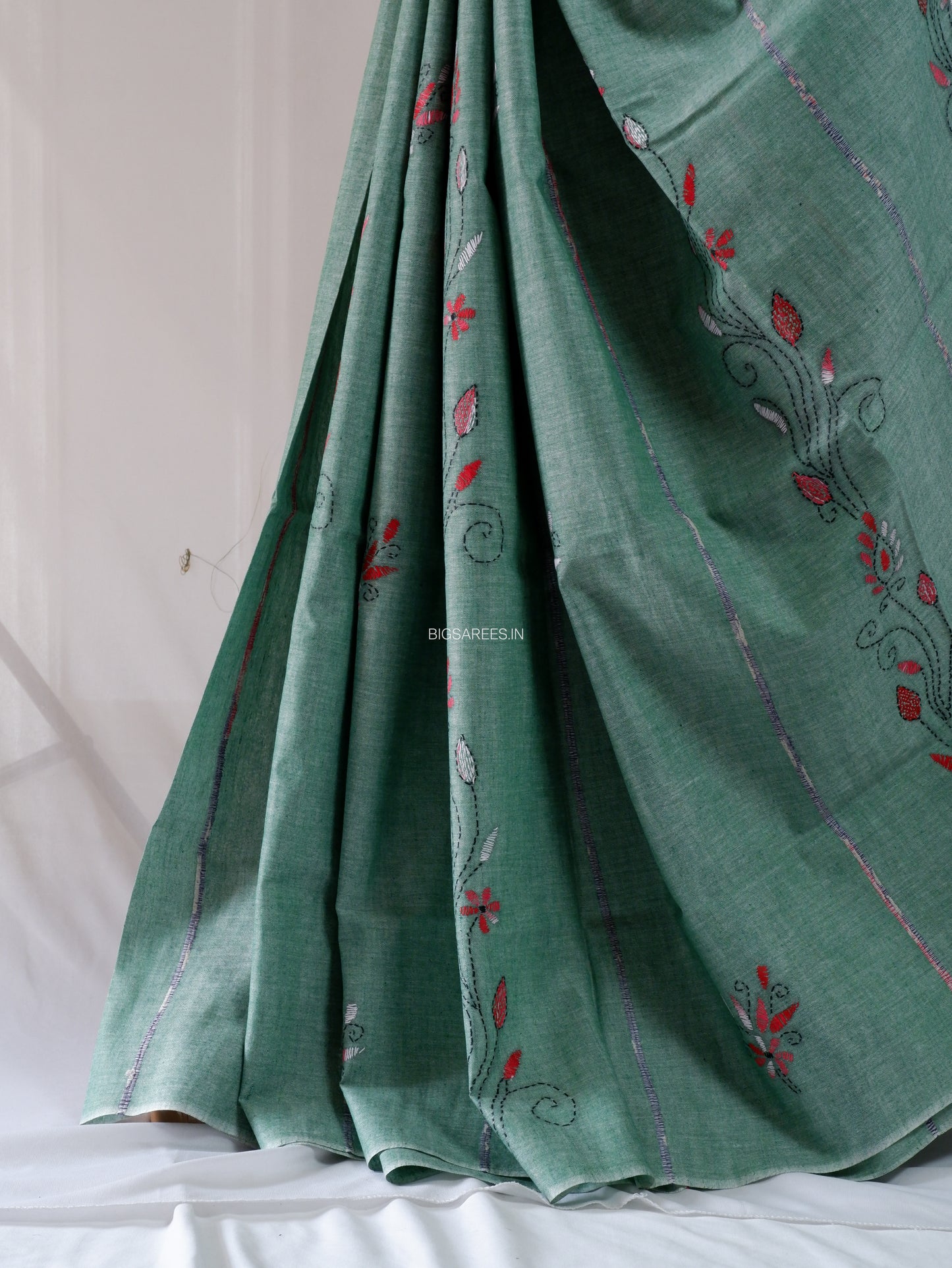 Kantha Stitch Hand-Embroidered Saree | Pure Khesh Cotton | Greyish Teal