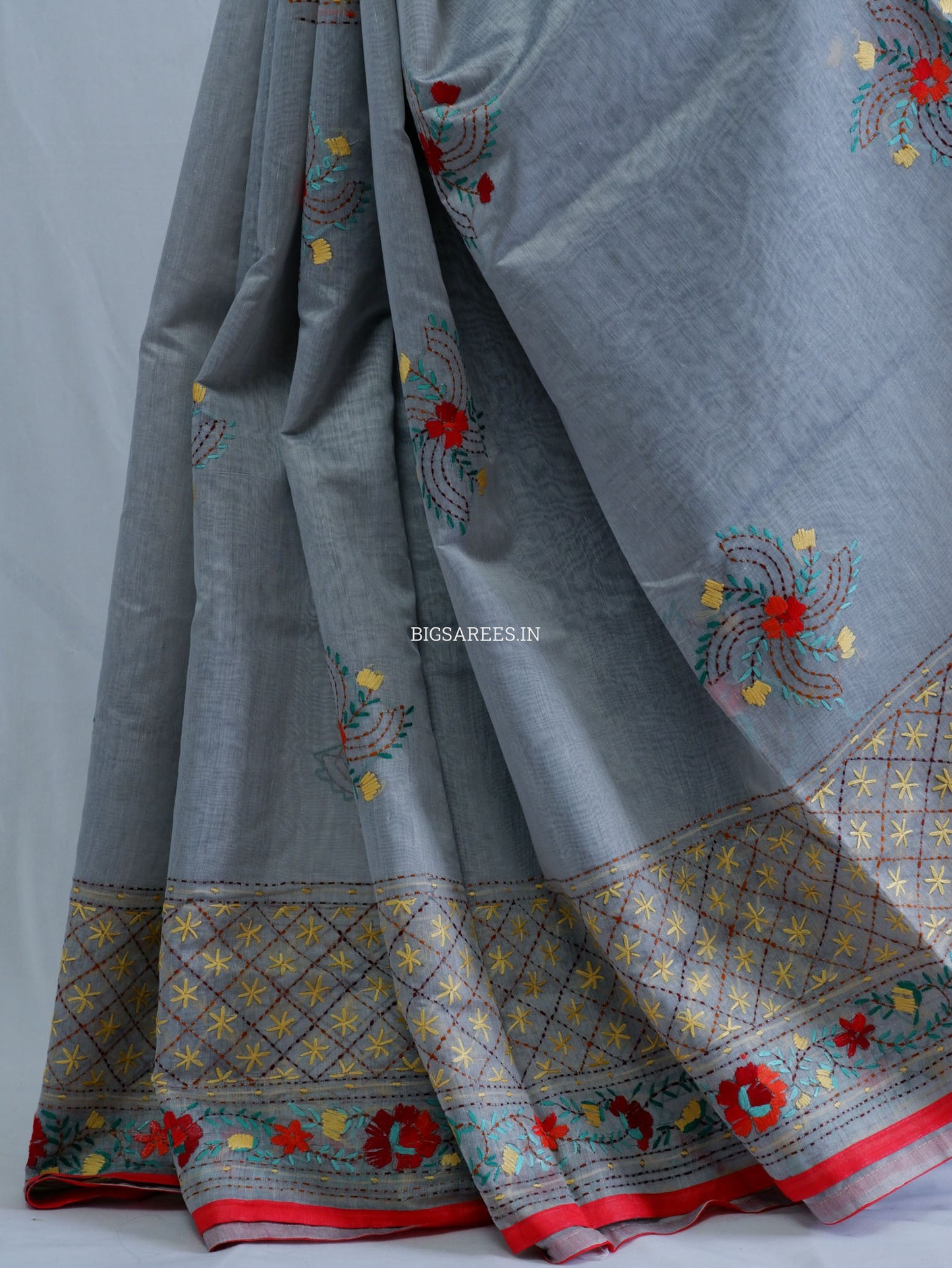 Phulkari Hand-Embroidered Saree | Chanderi Silk | Grey
