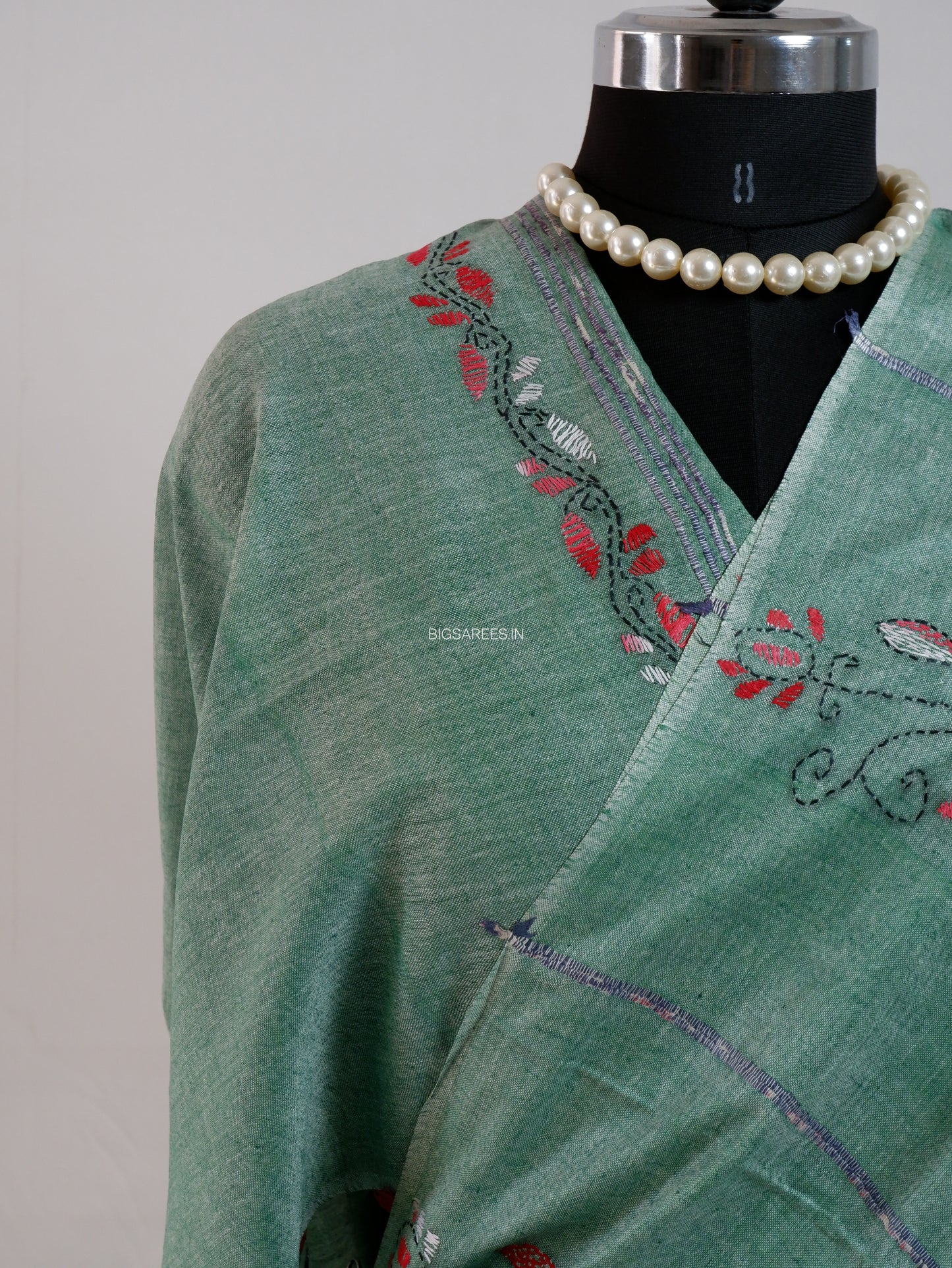 Kantha Stitch Hand-Embroidered Saree | Pure Khesh Cotton | Greyish Teal