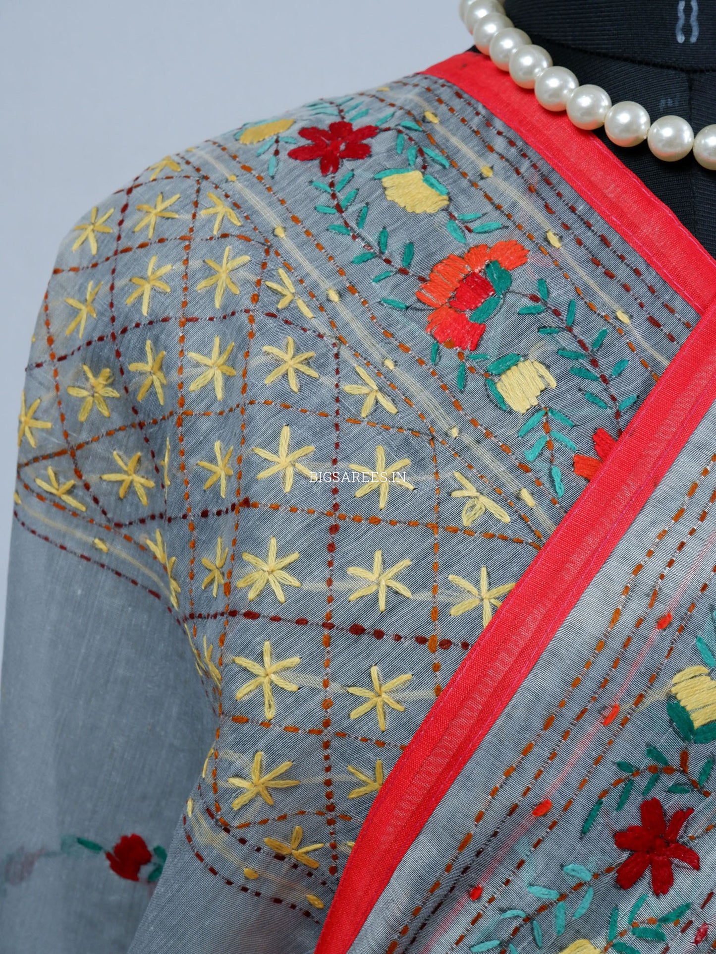 Phulkari Hand-Embroidered Saree | Chanderi Silk | Grey